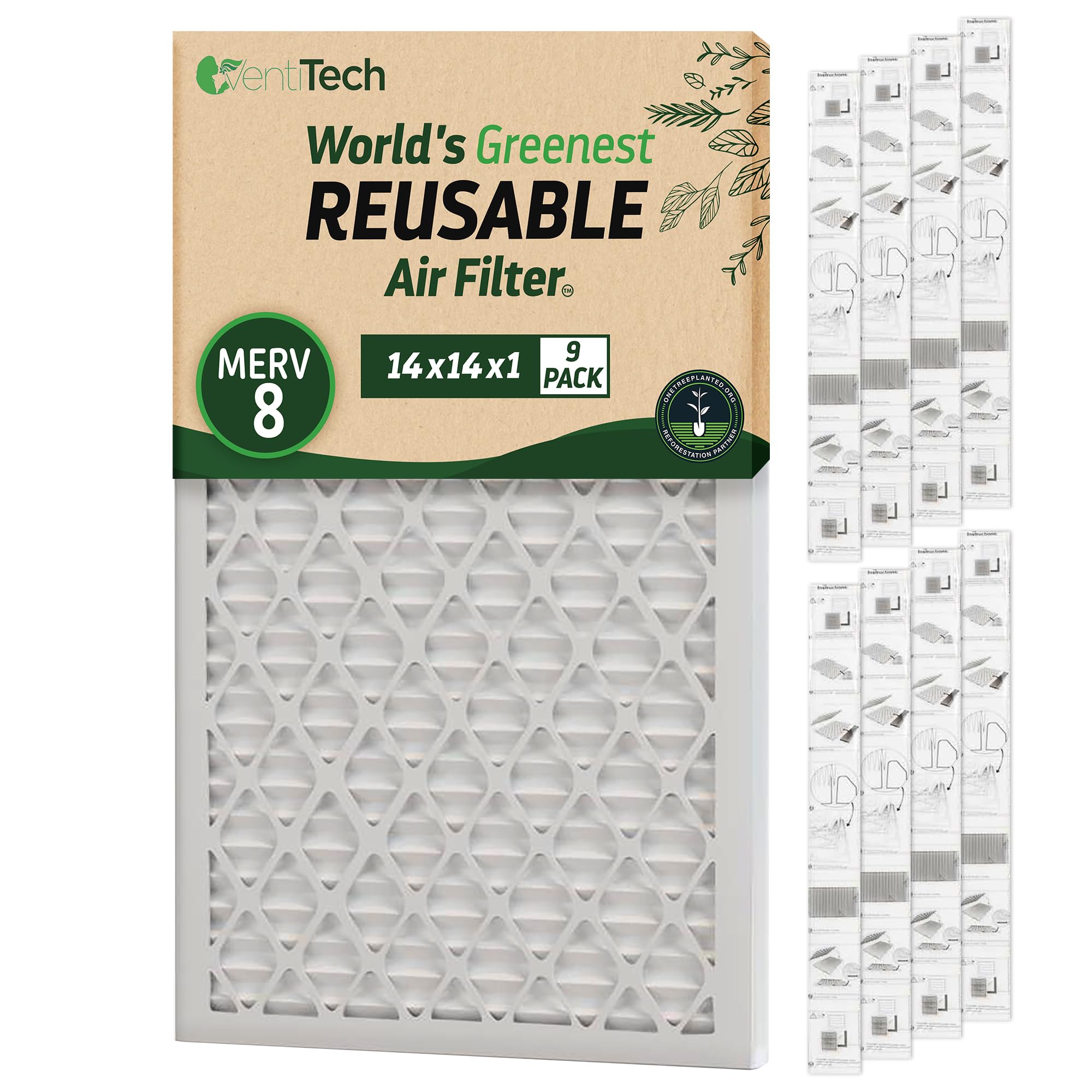Venti TechThe World's Greenest Reusable Air Filter 14x14x1 MERV 8 for HVAC - Includes 1 Reusable Frame with 9 Disposable Filter Media - Eco-Friendly and Space-Saving Solution for your Home
