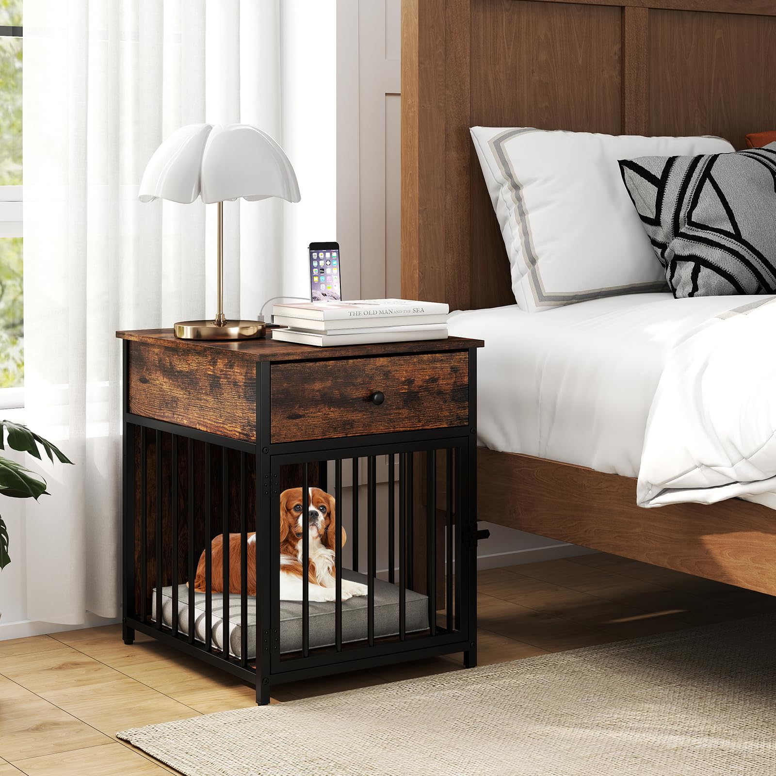 COSTWAY Hundekäfig Möbel, Hundebox für Zuhause mit Ladestation, Tür, Schublade & Metallrohren, Hundehütte Beistelltisch Nachttisch, für kleine & mittlere Hunde, Vintagebraun, 50 x 60 x 64 cm