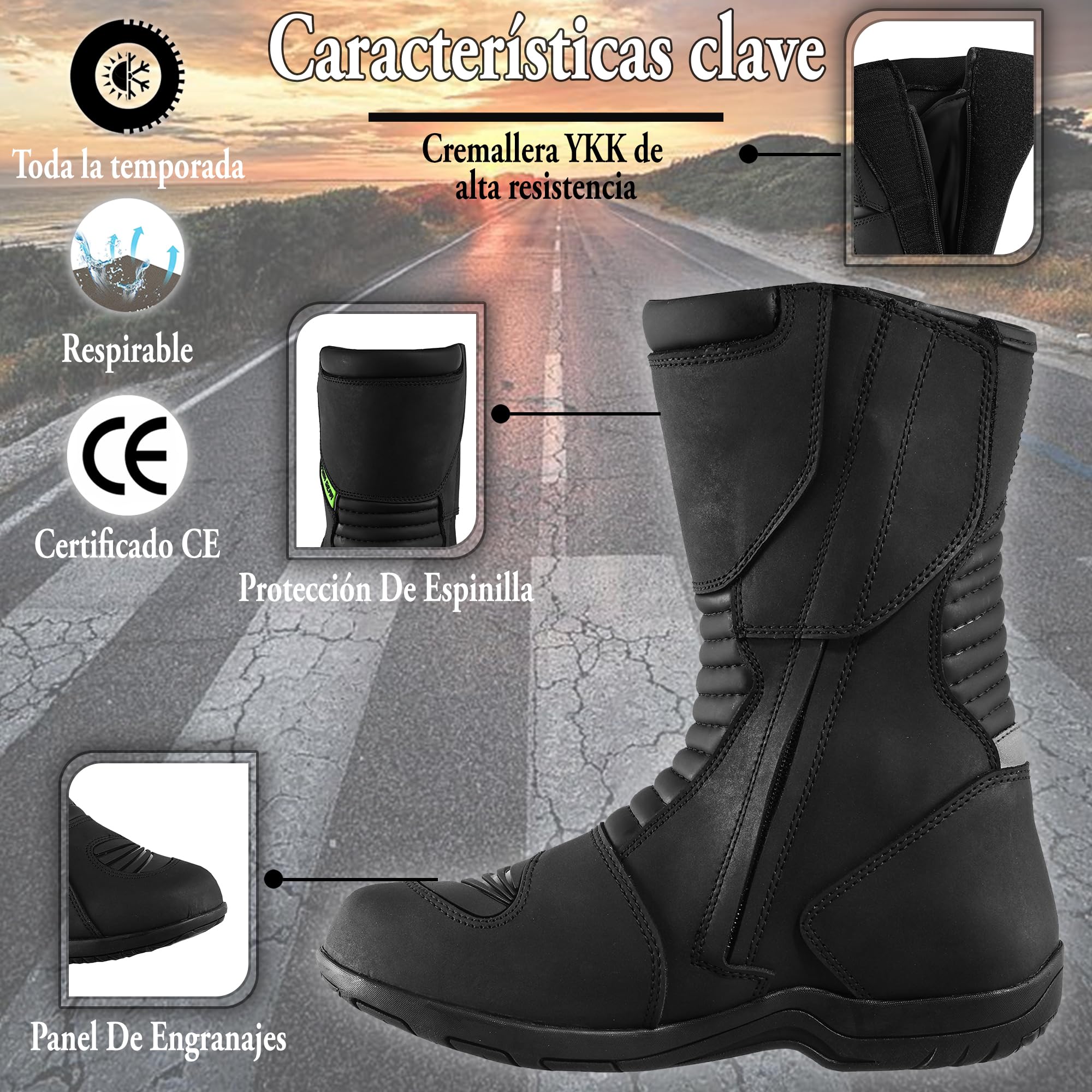 Botas de moto para hombre Botas de aventura y turismo, impermeables, reforzadas y ligeras, suela de goma antideslizante, protección de tobillo y talón, detalles reflectantes CE
