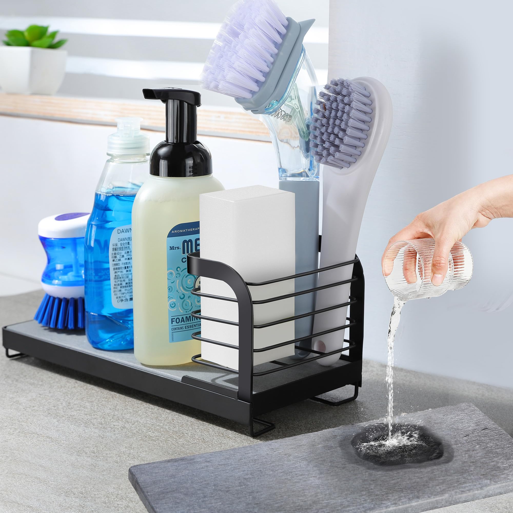 Wipe-Free Sink Organizer with Drying Stone Instant Dry Sink Caddy Organizers Kitchen Sponge Soap Holder Dispenser Countertop Fast