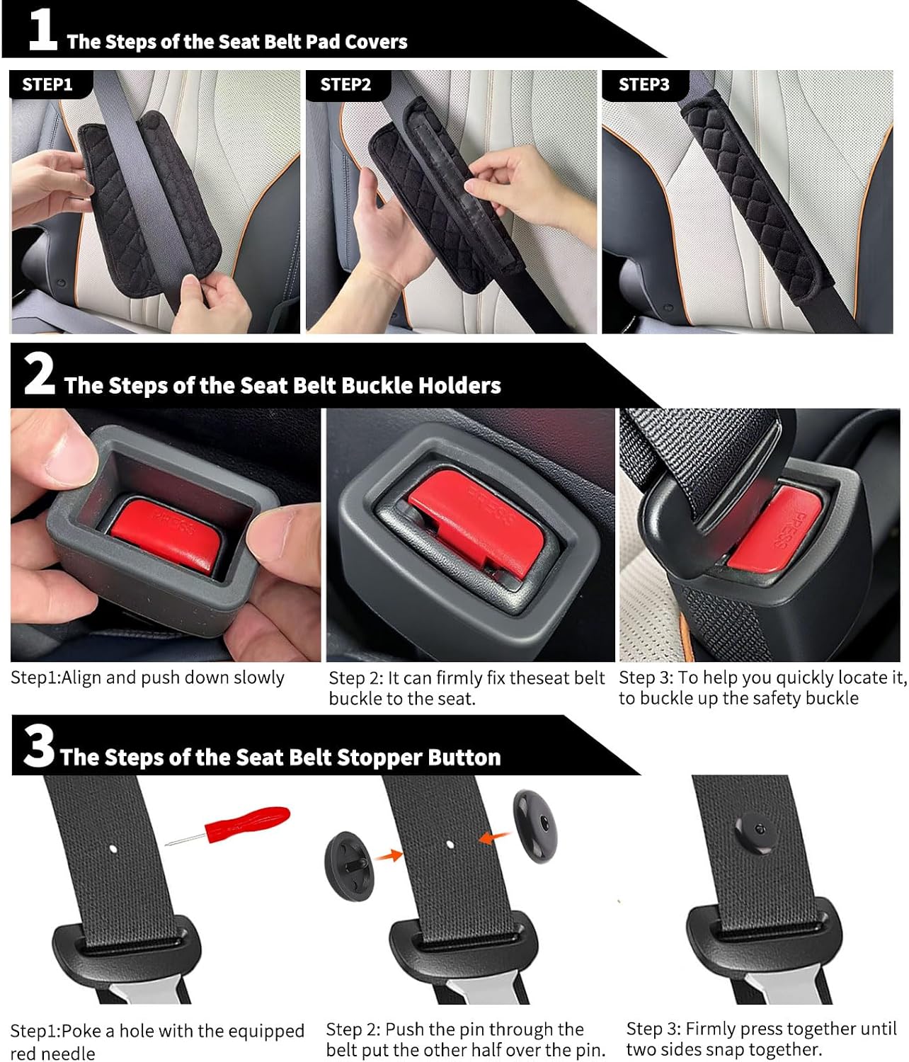4PACK Seat Belt Accessory Set, Includes Universal Seat Belt Pad Covers, Buckle Holders and Stoppers