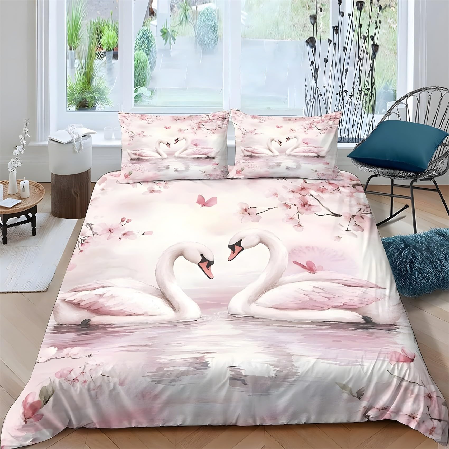 Housse de couette cygne rose 220x240 pour une chambre cocooning et romantique