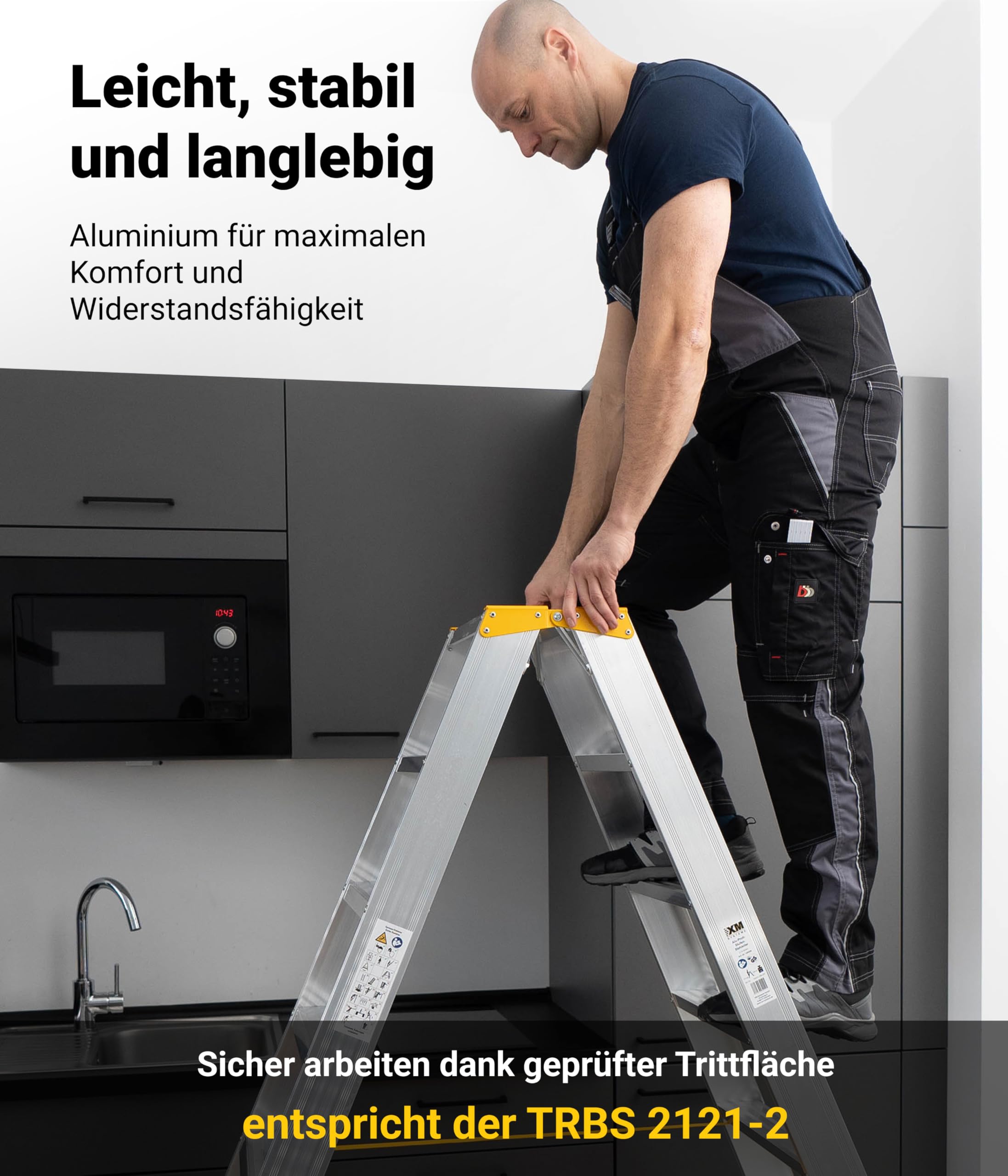 Alu-Stufenstehleiter 2 x 10 Stufen – rutschfeste, stabile Trittfläche nach TRBS 2121-2, kompakte Slide-Stop-Stufen – Profi Stehleiter für Industrie & Handwerk - GS-geprüft - Trittleiter