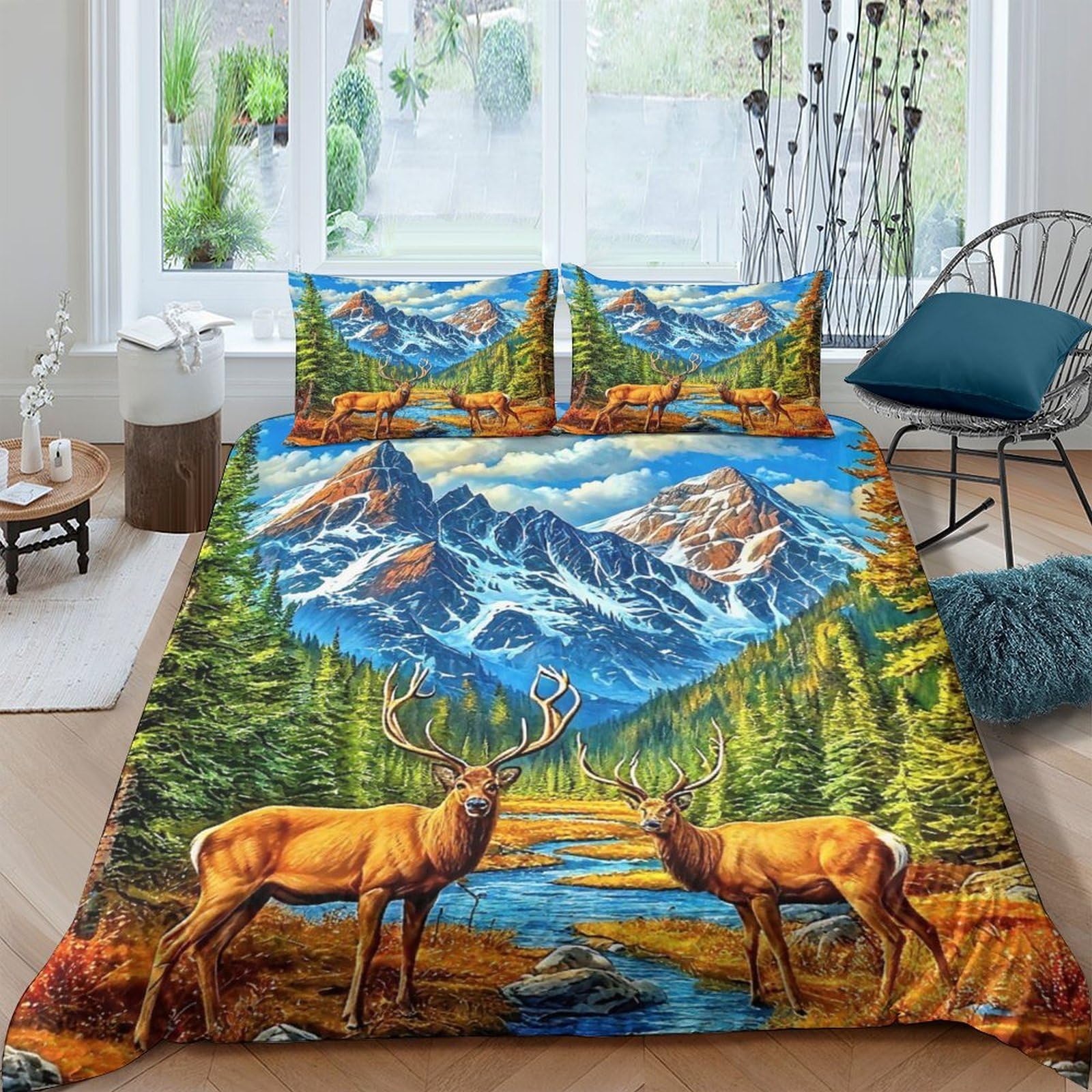 Housse de couette forêt et cerf parure lit zippée 200x200cm pour enfiler la couette sans effort