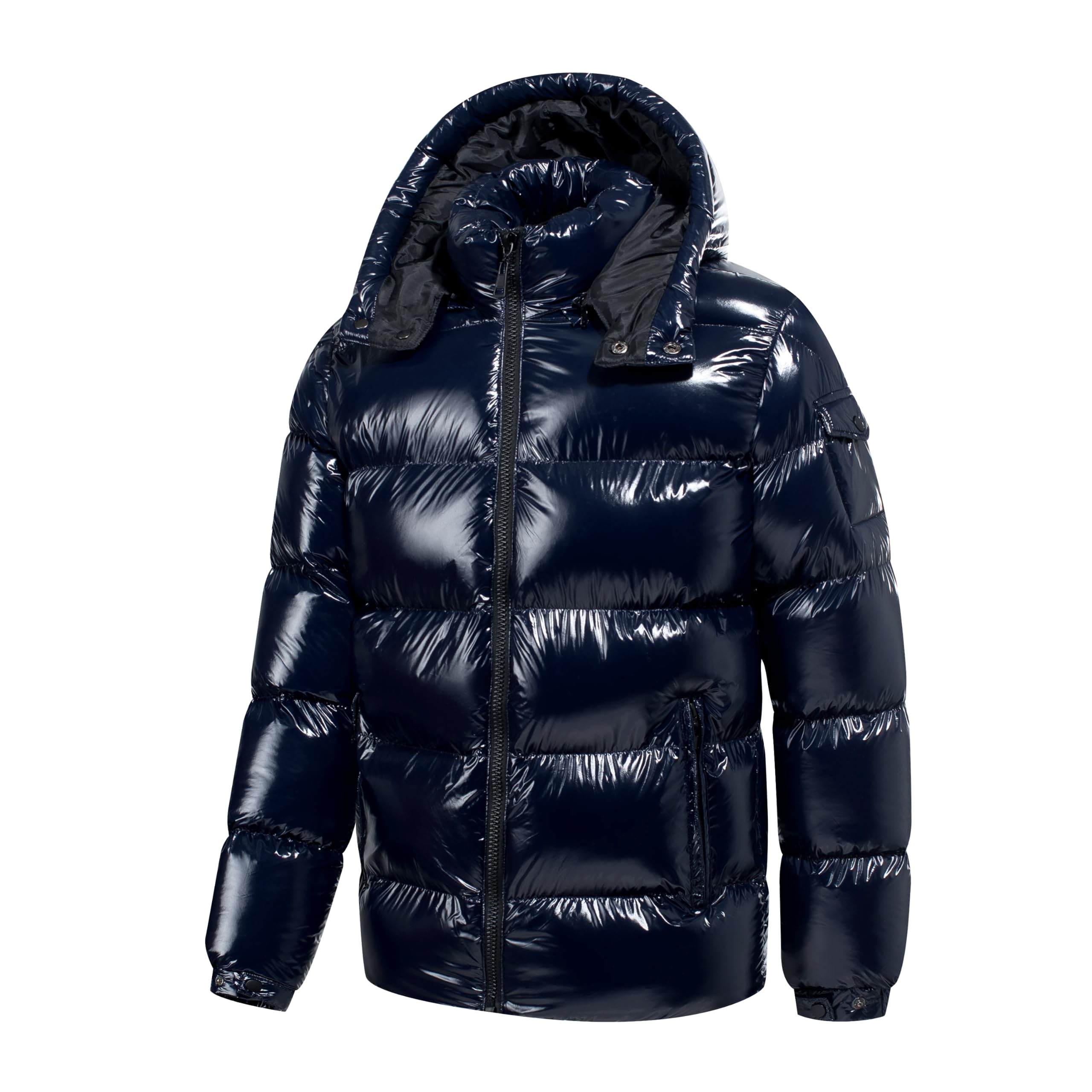 TONY BACKER Veste courte veste d'hiver brillante pour homme coupe-vent imperméable avec capuche amovible avec fermeture éclair
