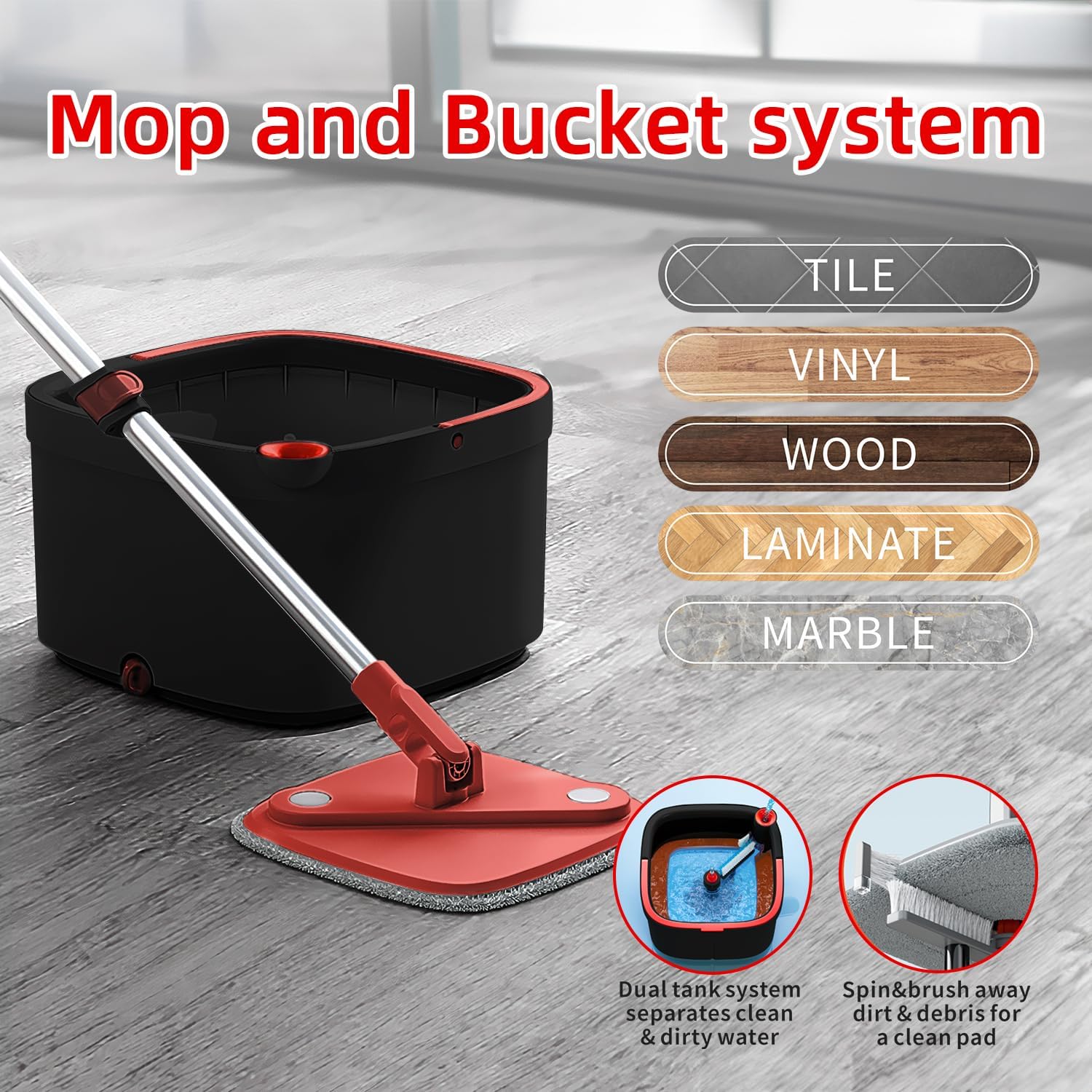 Trapeador y cubo con sistema de agua sucia y limpia M16, autoseparación, cabezal de fregona limpio giratorio de 360° y juego de cubo para suelos de madera dura, mármol, mopa y cubo con 6 almohadillas