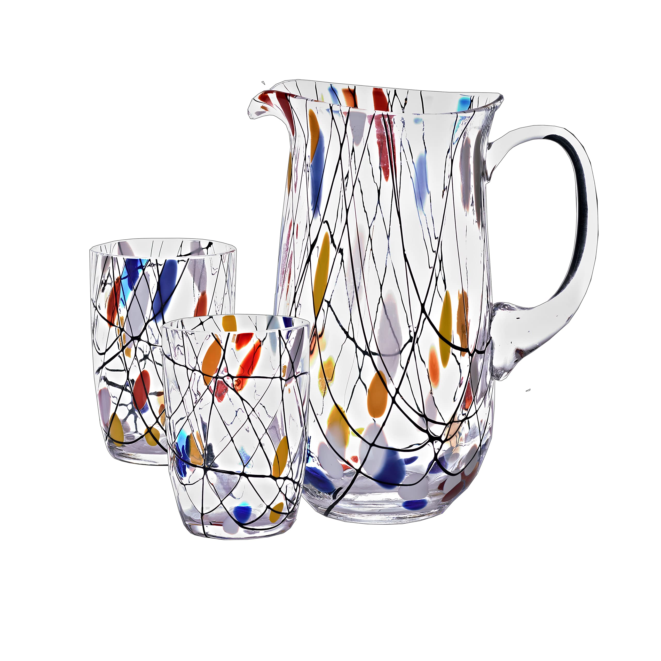 Glaskrug 1,5 L mit 2 Trinkgläsern 250 ml Maria aus Kristallglas mit Fadendekor und Punkten, Elegantes Trinkgläser Set für Wasser Saft Küche Tischdeko & Osterdeko