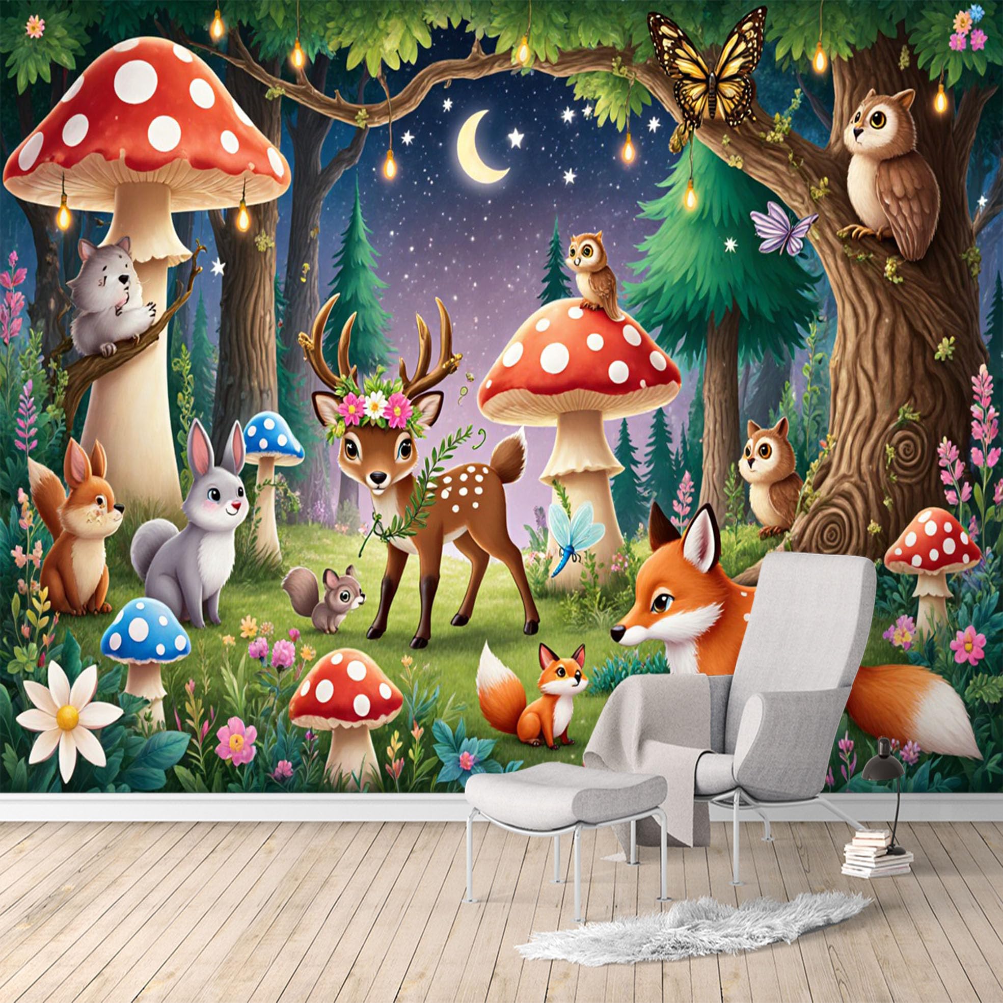 Custom Size Wall Murals, Enchanted Forest Woodland Creatures, Animals, Mushrooms, Butterfly, Removable SelfAdhesive Large Photo Wallpaper for Living Room Bedroom Office