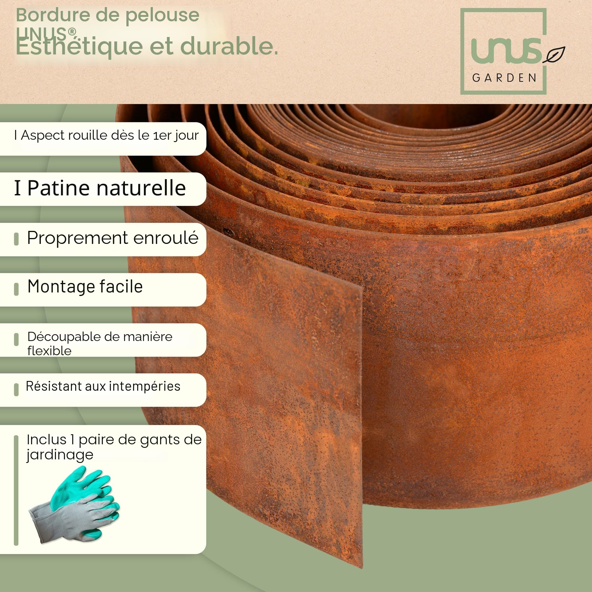 UNUS Bordure de jardin en acier Corten 10 m x 14 cm Bordure de parterre flexible en métal résistant aux intempéries pour jardin, parterre, pelouse et allées, gants inclus