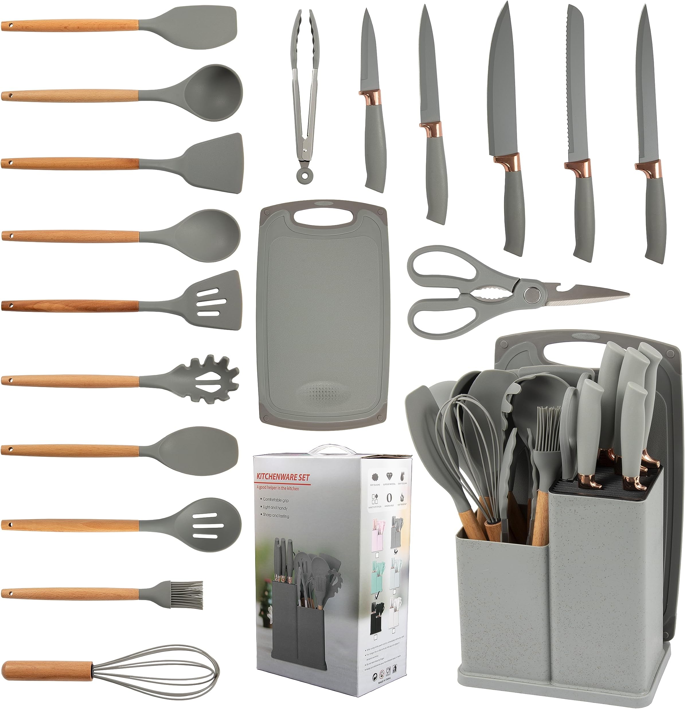 All in one 19Pcs Kitchen Utensils Set Combo! Knives,Utensils,Chopping Board & Holder. A perfect Nonstick kitchenware set that your kitchen must have! by Luxury Hut.