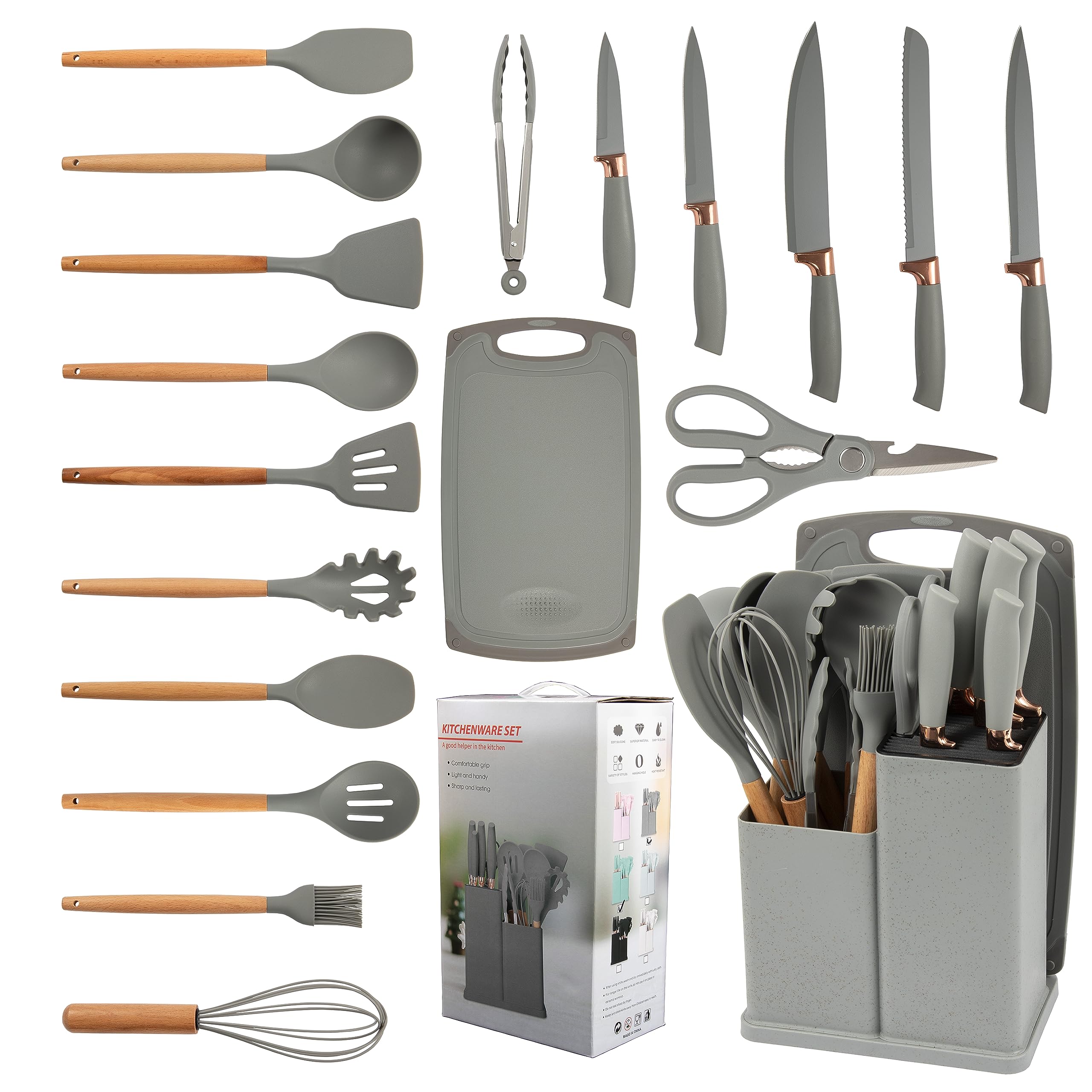 All in one 19Pcs Kitchen Utensils Set Combo! Knives,Utensils,Chopping Board & Holder. A perfect Nonstick kitchenware set that your kitchen must have! by Luxury Hut.