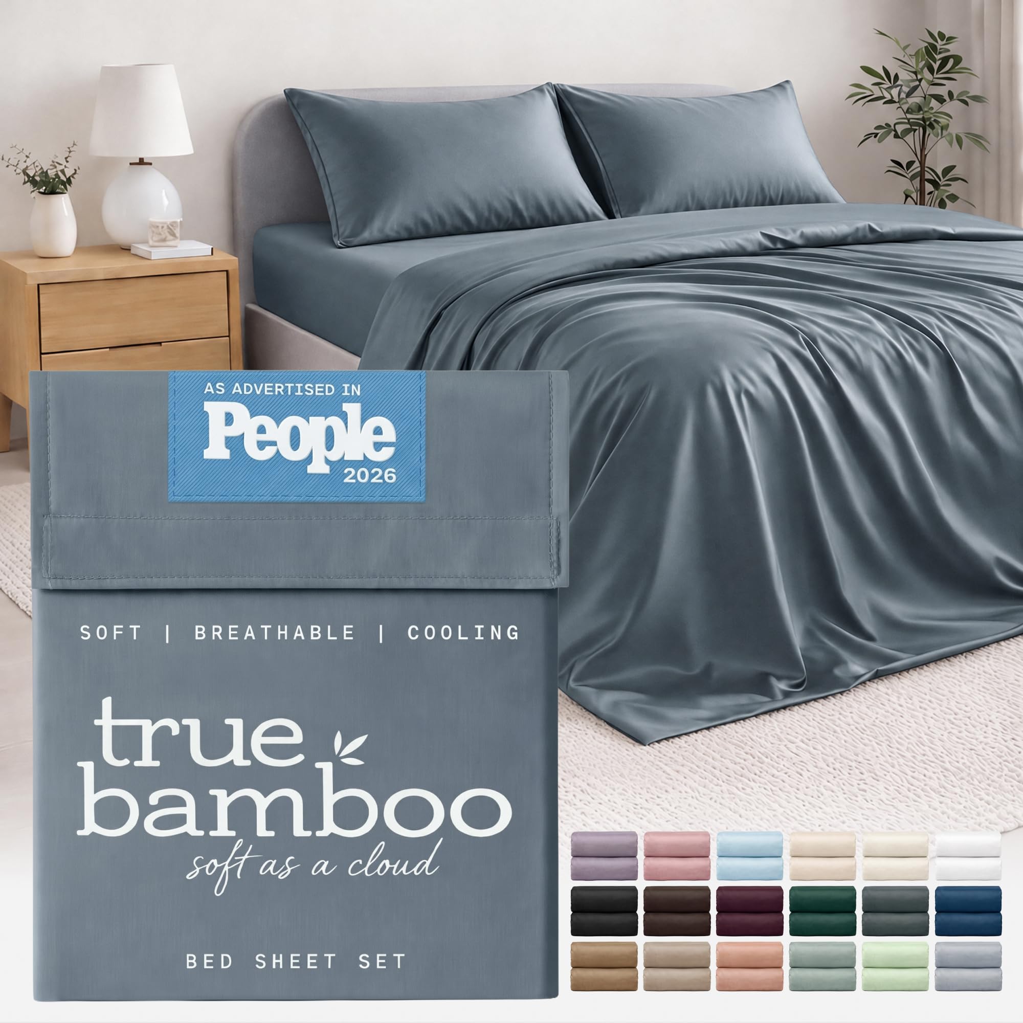 True Bamboo Sheets Set Full Size - Silky Soft & Cooling - Blue Haze | 4 Piece Luxury Bed Sheets Set, Breathable, Moisture-Wicking, Perfect for Hot Sleepers, 16" Deep Pocket, Corner Straps