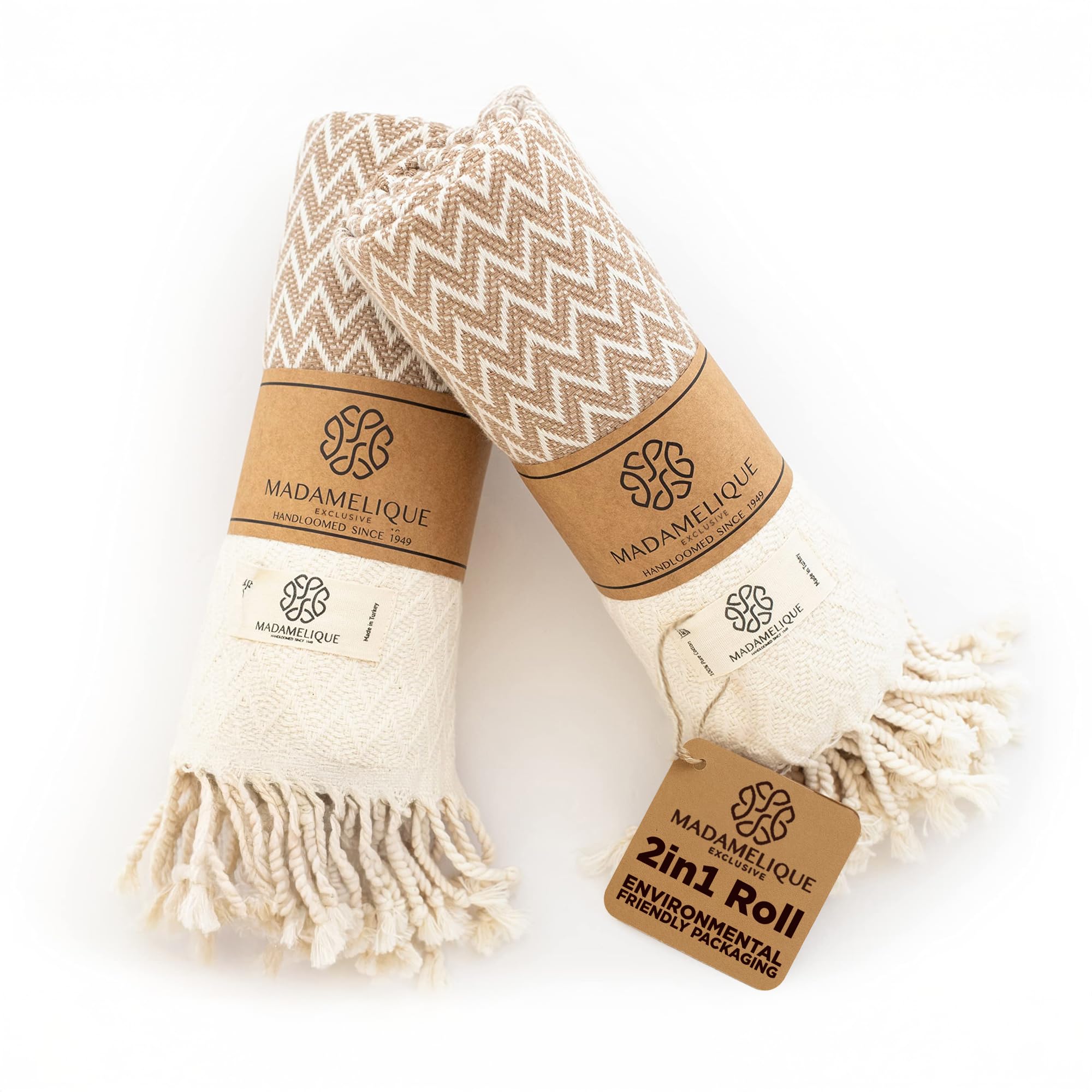 Madamelique Exclusive Hand Towels Set of 2-18 x 40 Inches - Decorative Bathroom Peshtemal Towel for Hand, Face, Hair, Yoga, Tea, Dishcloth, Kitchen and Bath - 100% Pure Cotton (Biscuit)