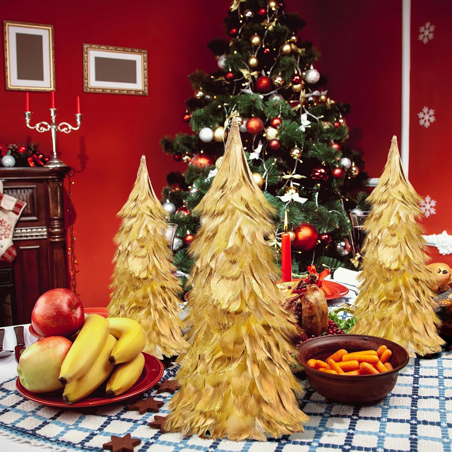 Liliful 4 Pcs Christmas Gold Feather Tree with Glitter Tips 12'' Table Top Feather Christmas Tree Xmas Trees Tabletop Decorations Centerpieces for Winter Wedding Party Shelf Home Decor