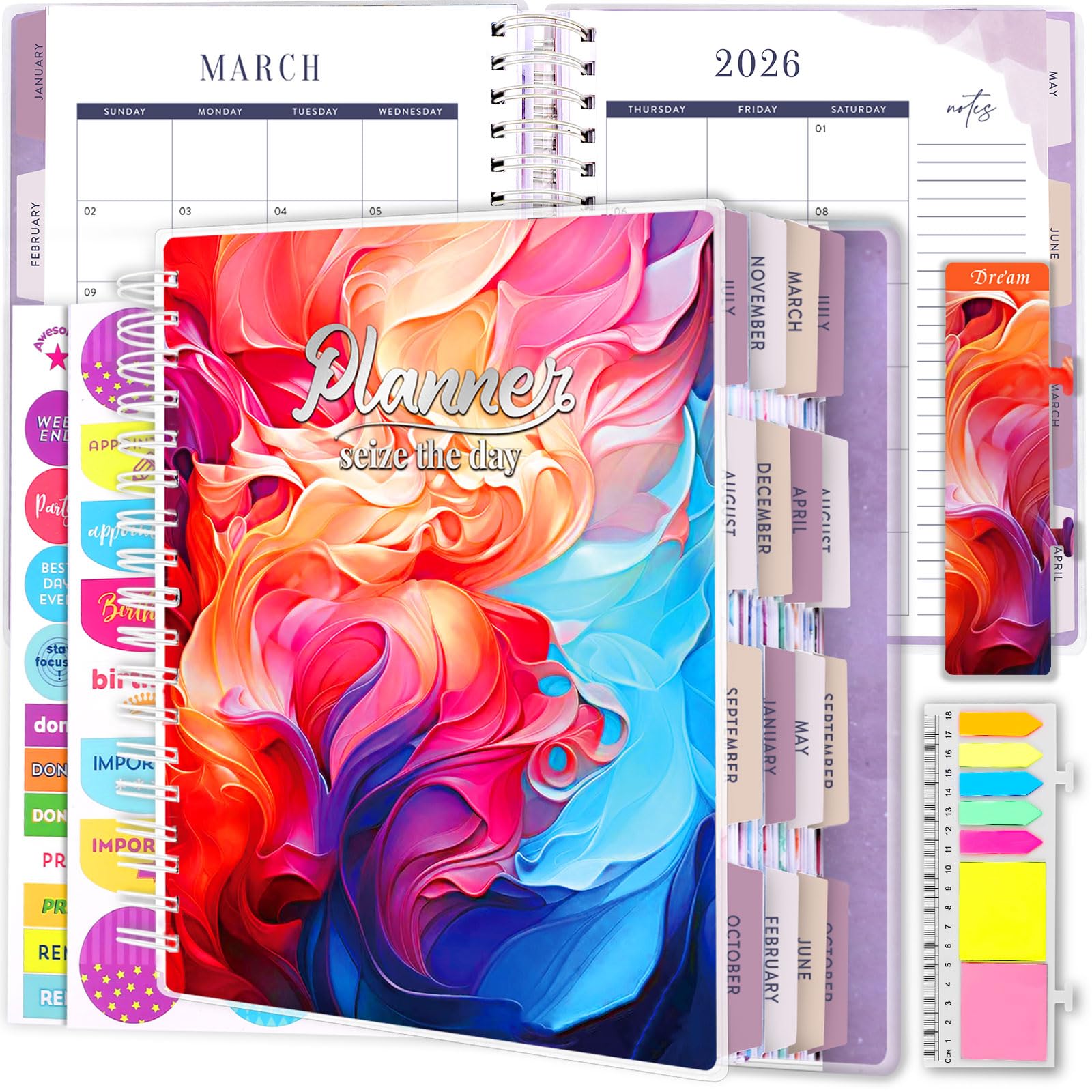 Planer 2025-2026, 18-miesięczny duży akademicki dzienny tygodniowy planer miesięczny, lipiec 2025 - grudzień 2026, program 21,5 x 25 cm, z zakładkami stron, stroną separatora, teczką kieszonkową
