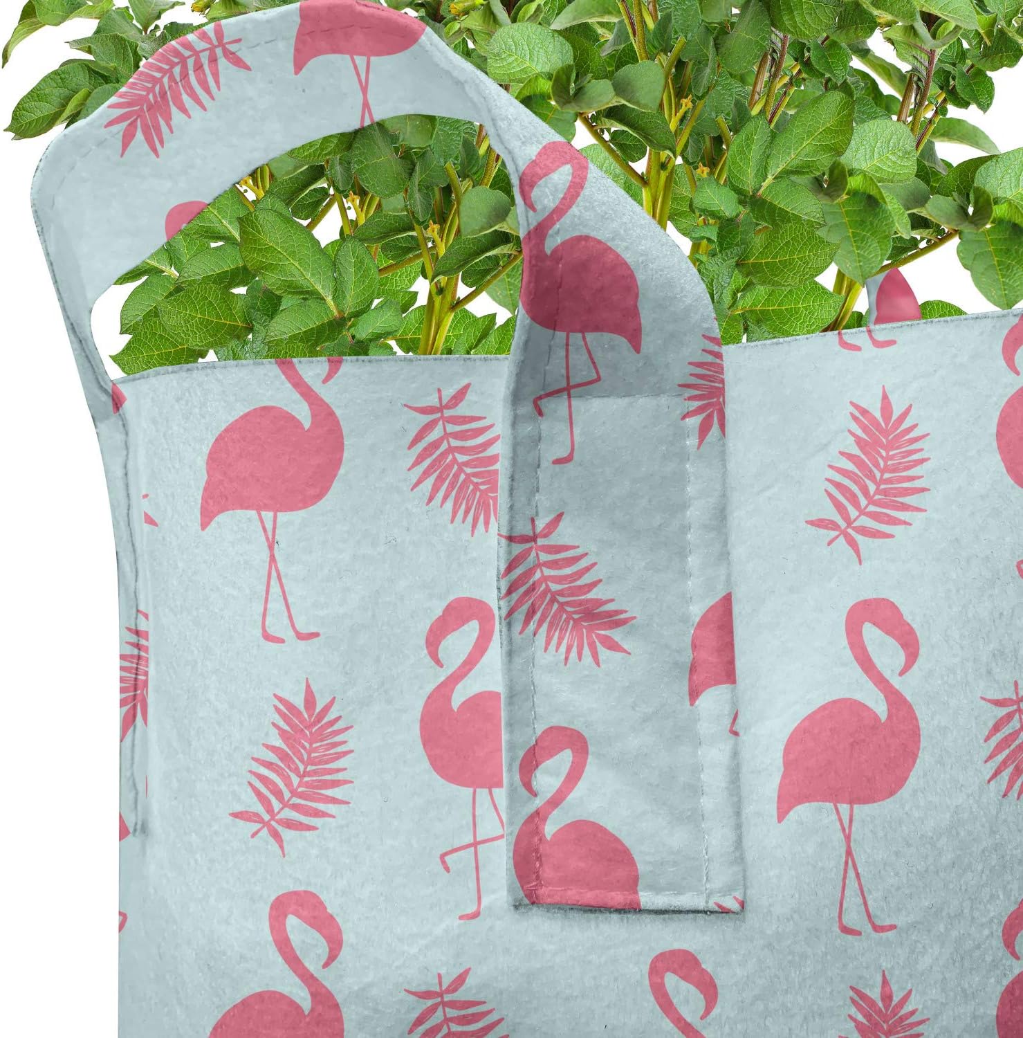 Ambesonne Art Grow Bags 5-Pack, Flamingo and Tropic Leaves, Heavyduty Fabric Pots with Handles for Plants, Dried Rose Pale Blue