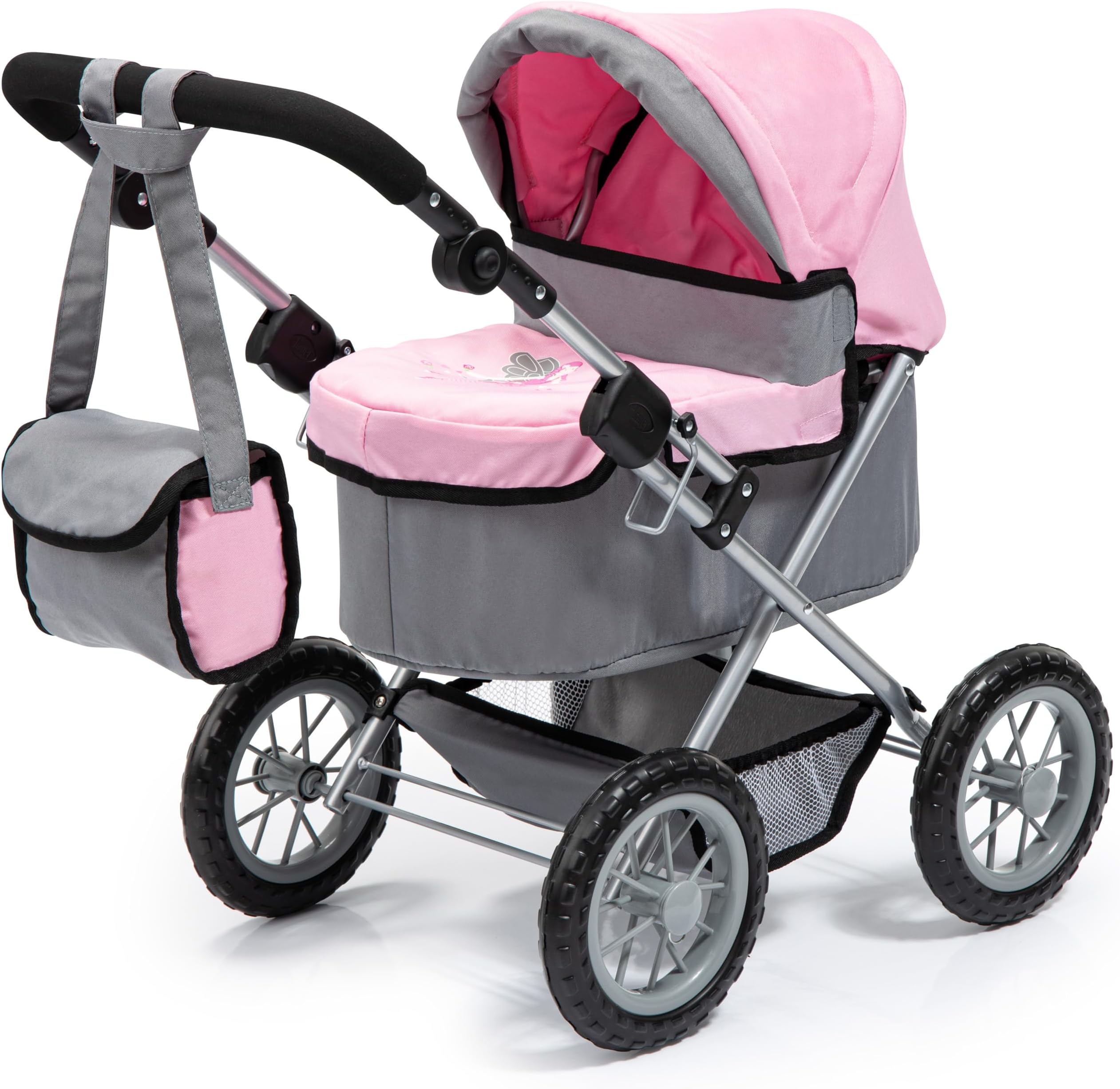 Bayer Trendy Baby Dolls Pram - Foldable Pushchair for Doll Up to 46cm, Height Adjustable, Storage Basket - Dolls Pram for 3 Year Olds, Girls, Boys, Toddler Toy 3-6 Years - Fairy Grey, Pink Stroller