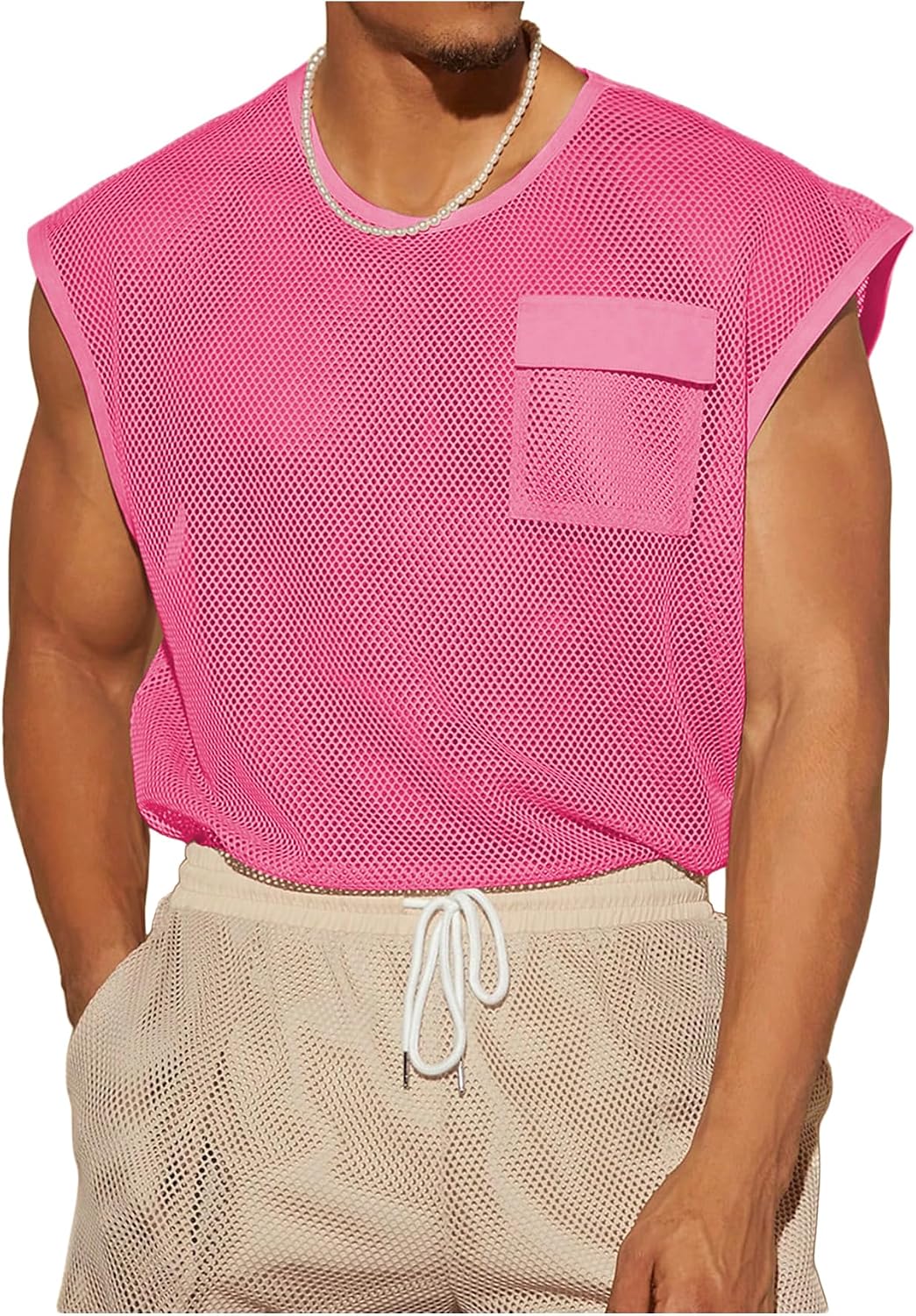 WDIRARA Men's Fishnet Sheer Mesh See Through Round Neck Sleeveless Party Club Tank Top with Pocket