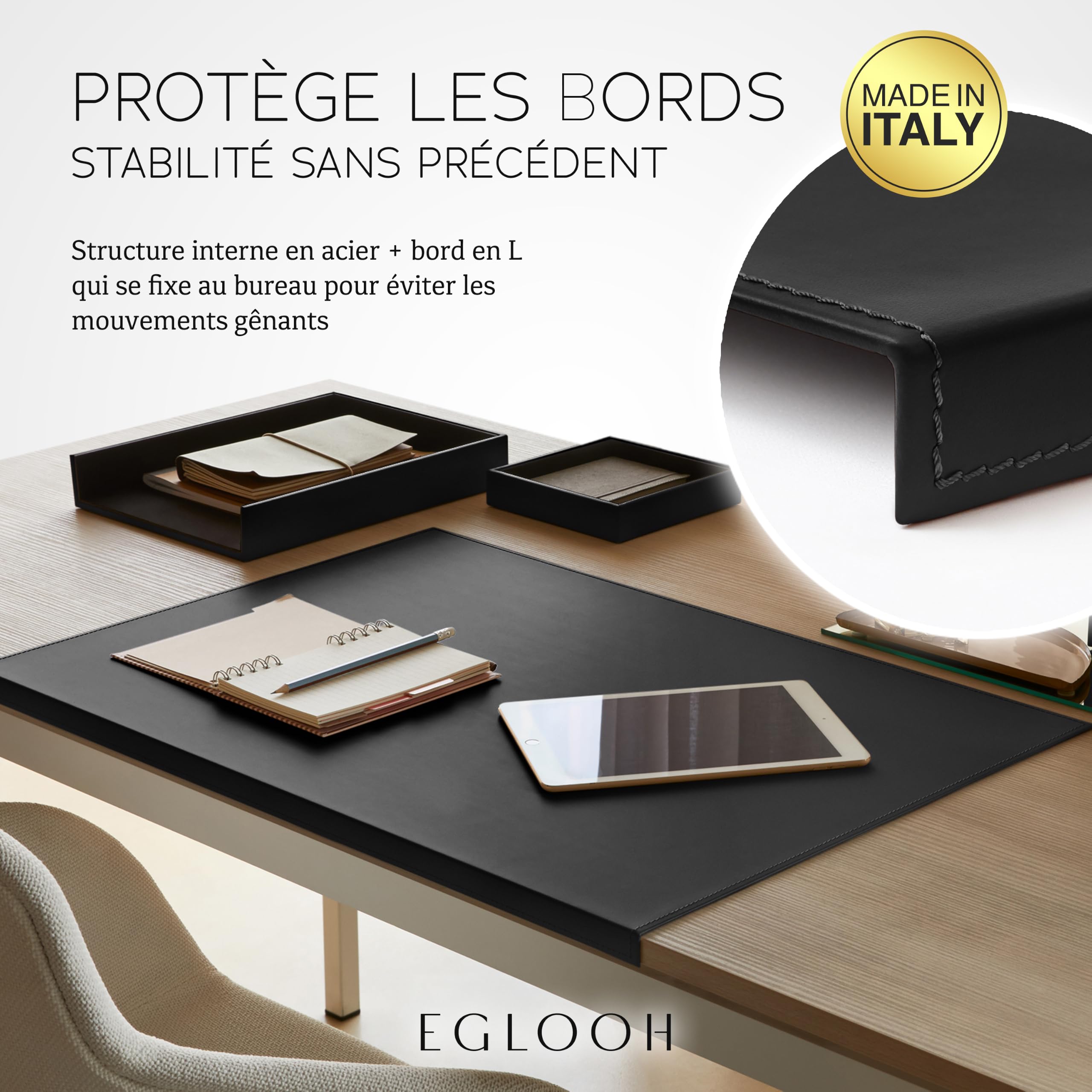 Eglooh - Calliope - Sous main bureau cuir avec Protège-rebord - Tapis de bureau XXL, Grand tapis de souris antidérapant - Accessoire bureau Fabriqué en Italie