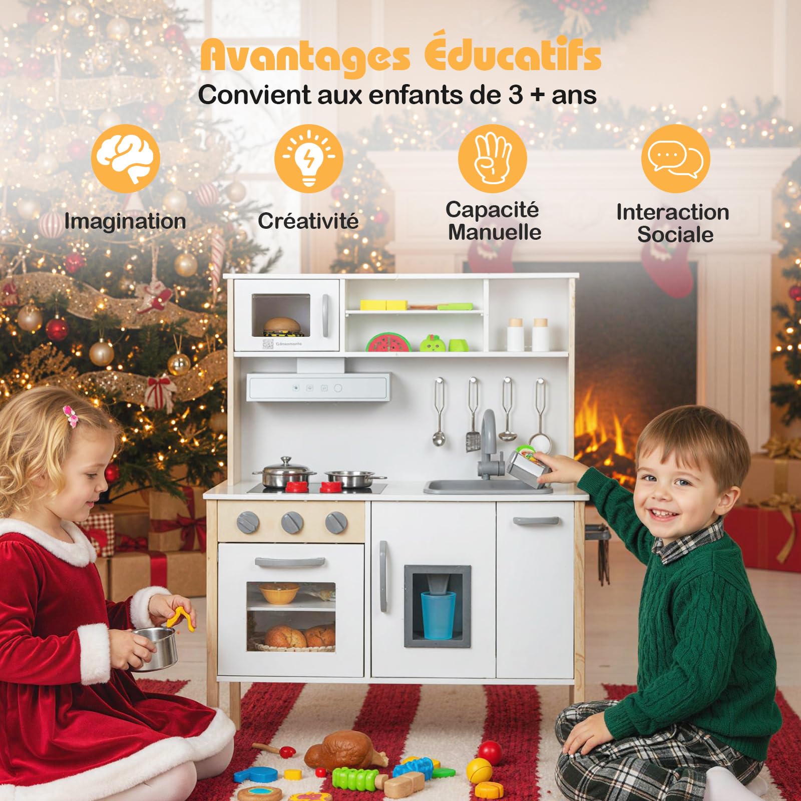 GOPLUS Cuisine Enfant en Bois, Jouet de Cuisine avec Effect Sonore, Évier Amovible, Hotte de Cuisine, Machine à Glaçons, 18 Accessoires Complets, pour Garçons Filles 3-6 Ans (Gris)