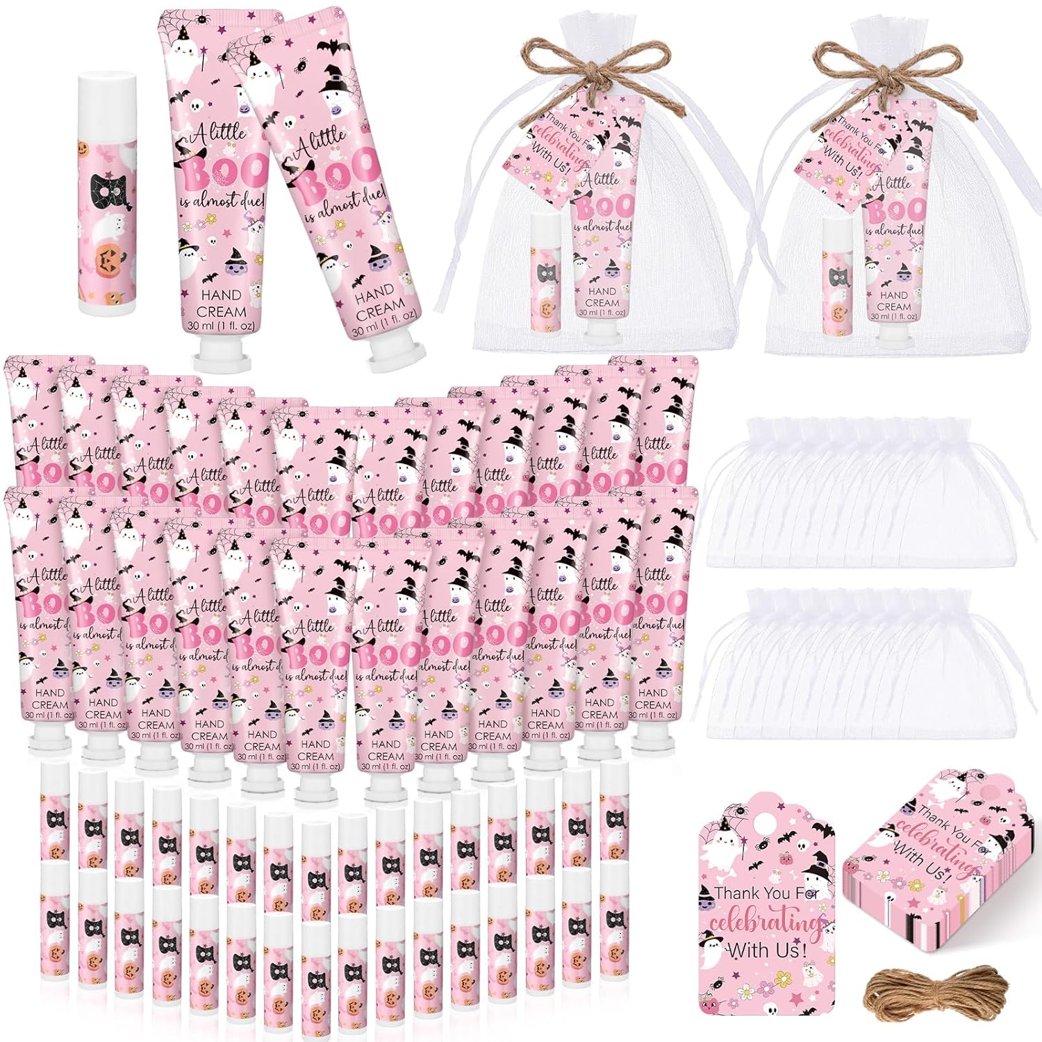 24 Sets Halloween a Little Boo Is Almost Due Baby Shower Hand Cream and Lip Balm Gift Travel Size Hand Lotion and Lip Balm with Organza Bags Tags Pink Black Halloween Baby Shower Favors for Guests