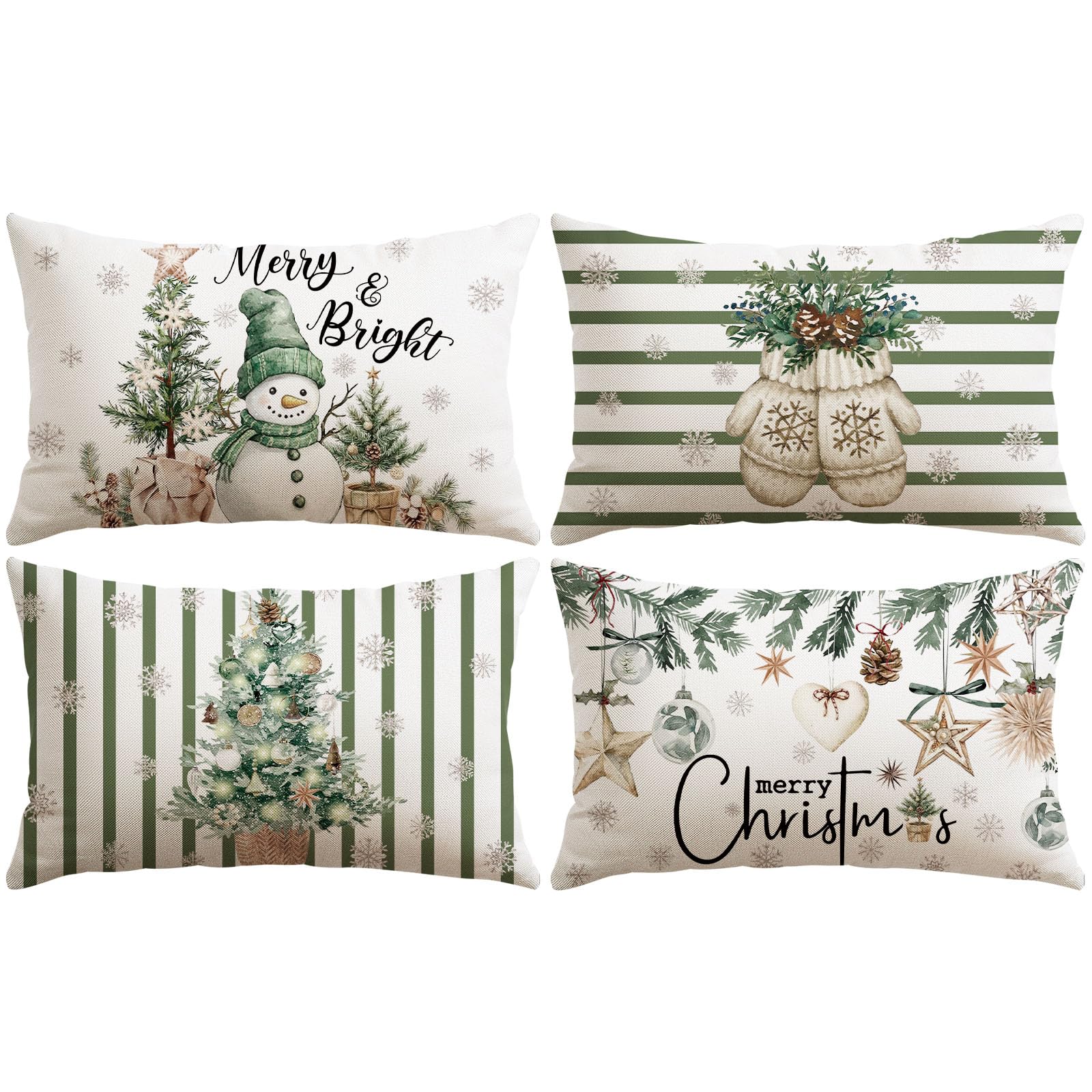 Sungeek Christmas Cushion Covers 40x60 cm Set of 4, Xmas Trees Merry & Bright Snowman Gloves Green Striped Decorative Pillow Covers Winter Holiday Throw Pillow Cases for Sofa Couch Bedroom Living Room