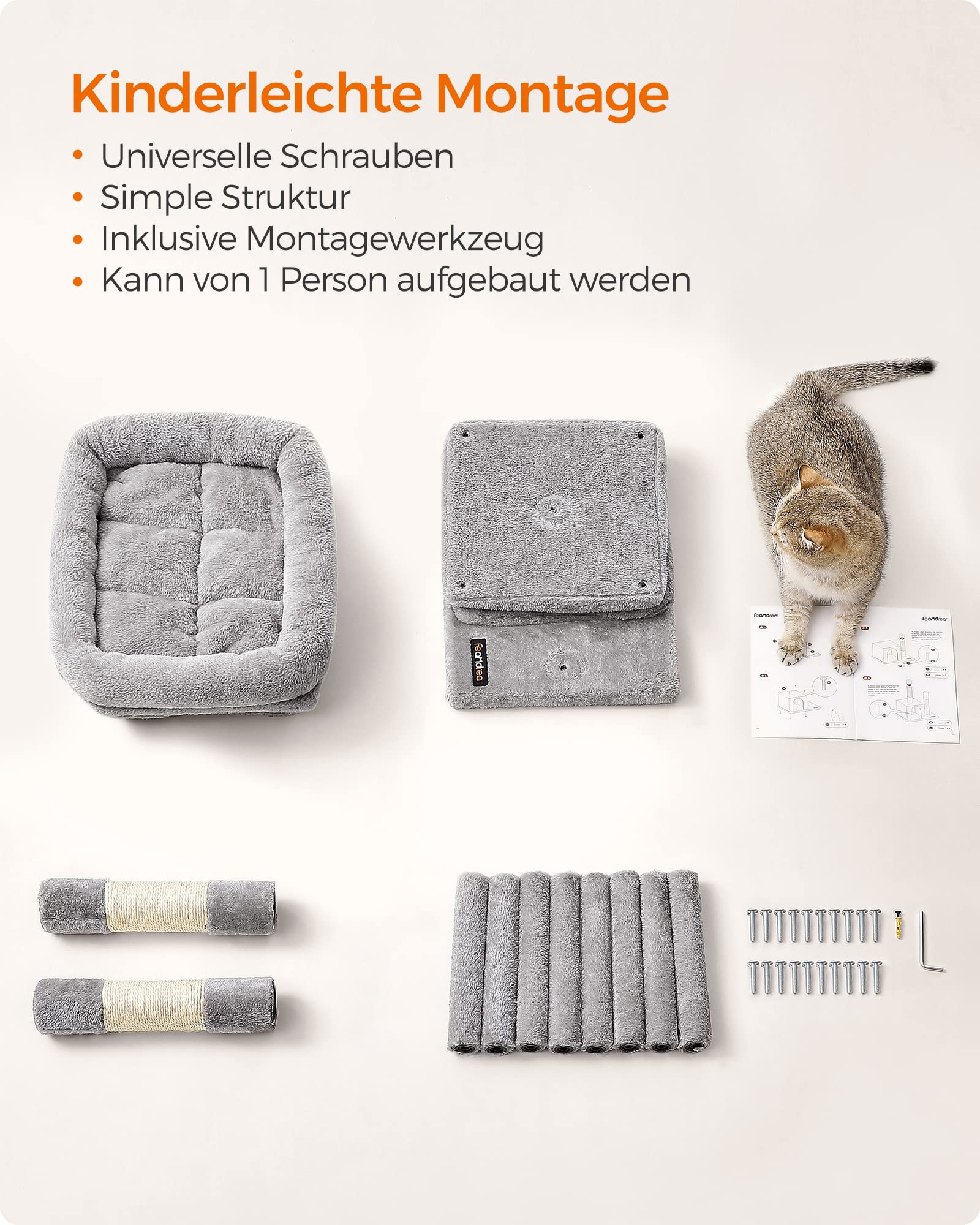 Feandrea Kratzbaum klein, 67 cm Katzenbaum, Katzenhaus für Kätzchen bis zu 3 kg, große Plattform, Sisalstämme, hellgrau PCT611W01