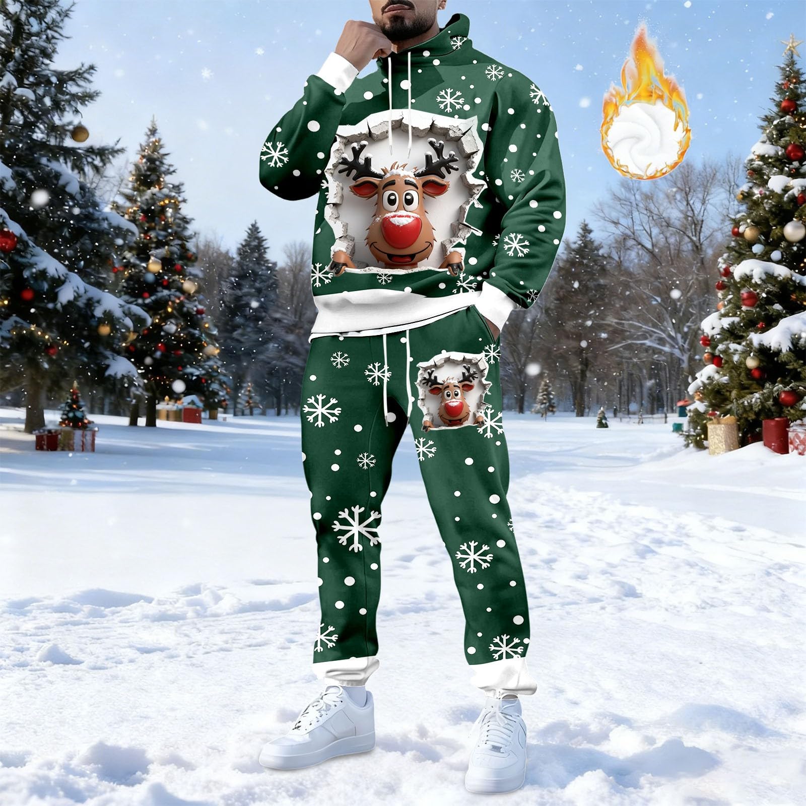 Generisch Tuta natalizia da uomo, da jogging, set di tute natalizie, 2 pezzi, Funky Reindeer, stampa 3D, abbigliamento natalizio con cappuccio e pantaloni da jogging