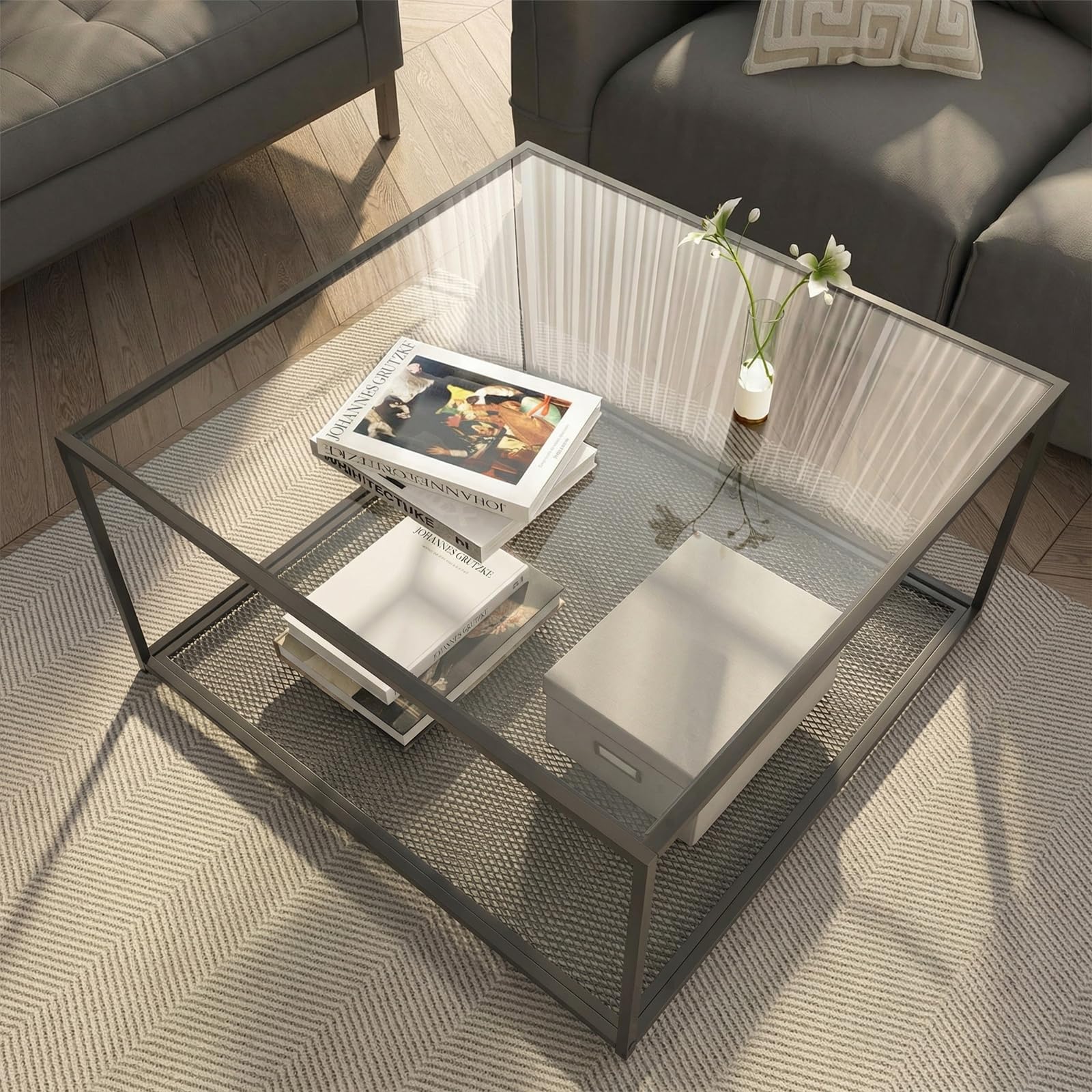 Photo 1 of ****FACTORY SEALED****
Black Glass Coffee Table, Square Coffee Tables with Storage Shelf, Simple Tea Cocktail Modern Center Tables for Small Space, Living Room, Easy Assembly, 26 * 26in?Black?