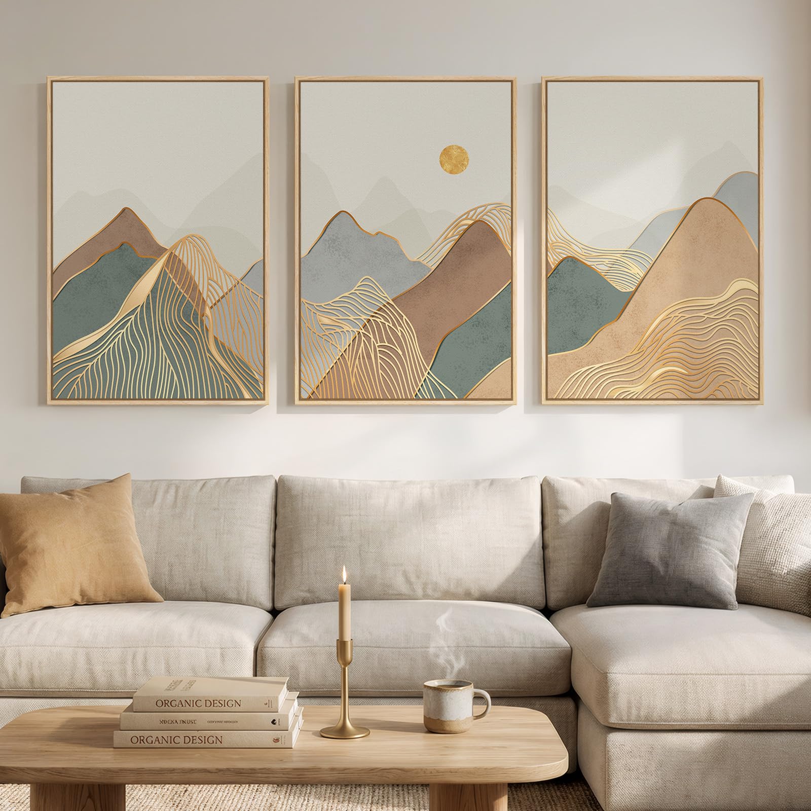 Framed Boho Mountain Wall Art for Living Room, 3 Piece Modern Nature Landscape Canvas Artwork for Walls, Large Sunset Minimalist Abstract Prints Wall Decor for Bedroom Hallway Home Office, 24x36 Inch