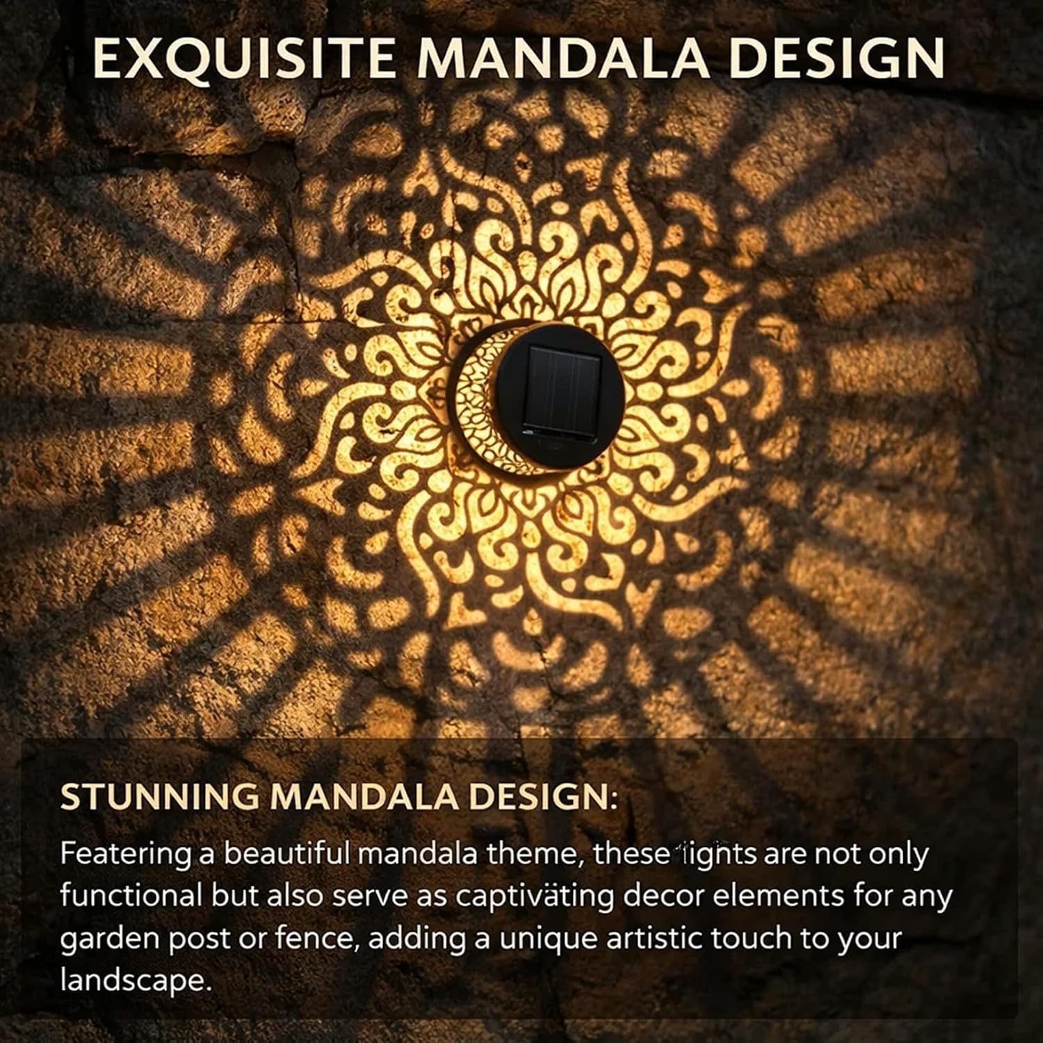 DDRIC Decorative Solar Mandala Lights, Metal Solar-Powered Outdoor Deck Step Wall Lights with Mandala Pattern, Waterproof Garden Fence Post Lights for Patio Backyard Pathway Yard Decor (4pcs)