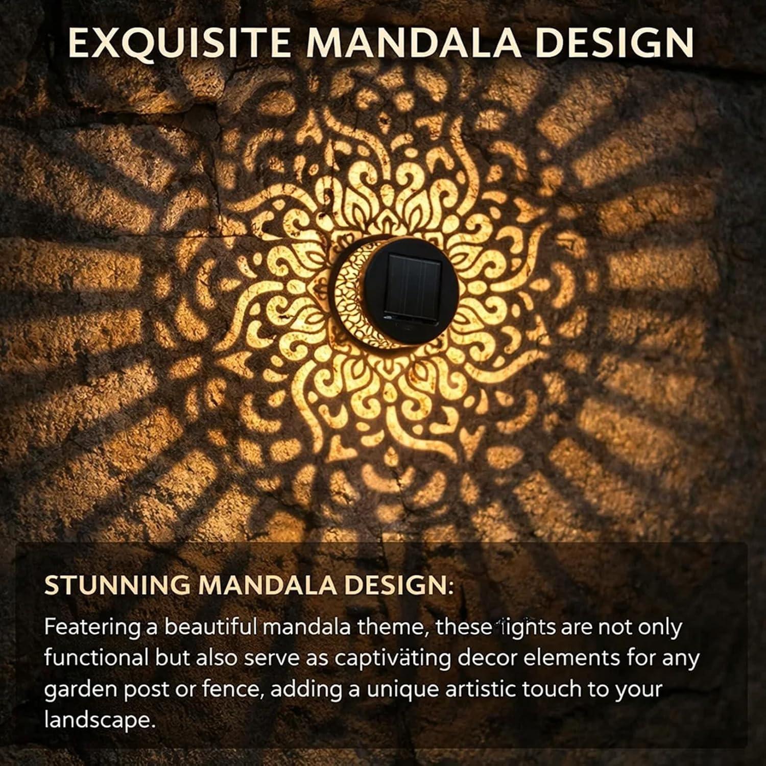 Pealeaf Luci solari mandala decorative, lampade esterne in metallo per terrazza, gradini, muro, recinzione, giardino e vialetto, impermeabili (4PCS)