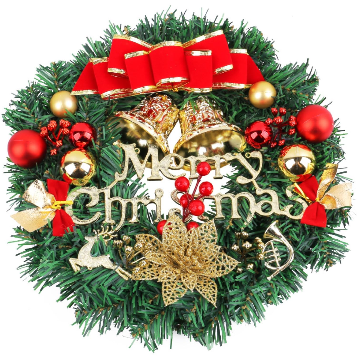 LATERN 30CM Ghirlanda di Natale, Ghirlanda di Pino di Natale Artificiale con Fiocco Campana Cervo Bacche Rosse Fiore per Natale Porta Parete Camino Finestra Albero di Natale Decorazione