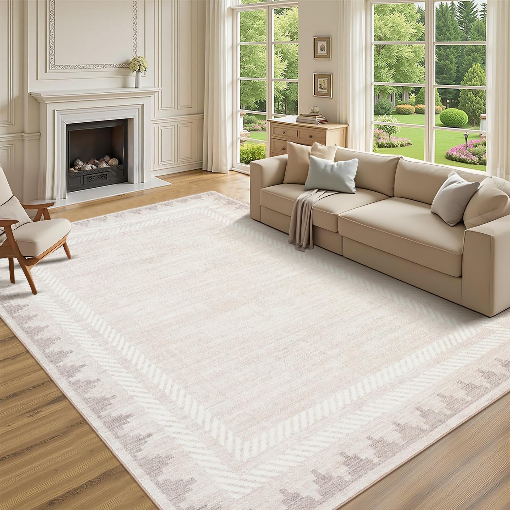 Washable 10x13 Area Rugs for Living Room Non Slip Modern Solid Bordered Rug, Stain Resistant Bordered Soft Carpet, Neutral Foldable Floor Rugs for