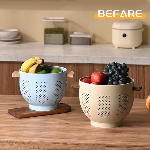 Miniatura 7 de Colador de metal con mango de madera y base estable, cesta de cocina de acero con recubrimiento en polvo para escurrir pasta, verduras y frutas (7