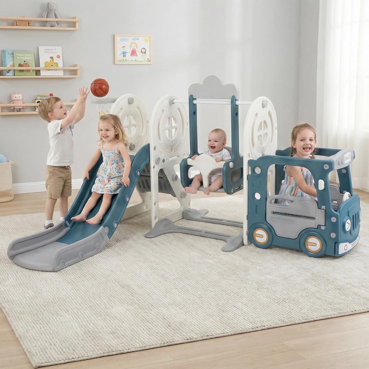 OLAKIDS Toddler Slide and Swing Set, 5 in 1 Bus Themed Baby Slide with Climber Basketball Hoop Car Playhouse for Indoor Outdoor Boys Girls Aged 3+ (Blue)