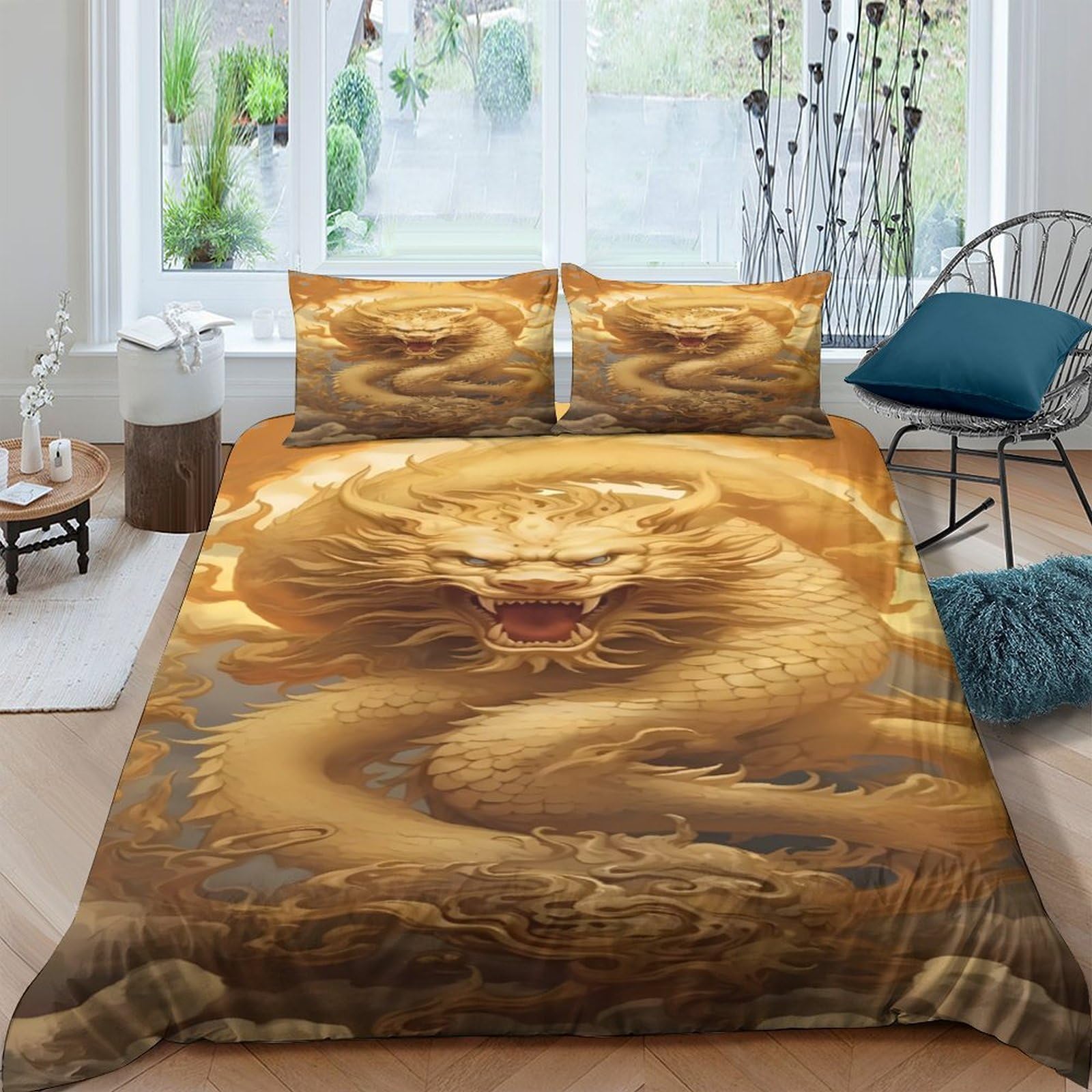 Ctjqhvkz Style-4 3D Printed Golden Dragon Fitted Sheet Microfiber Soft Anti-Slip Decorative Tiger Pattern Bed Cover For Bedroom Guest Room Single（135X200cm）