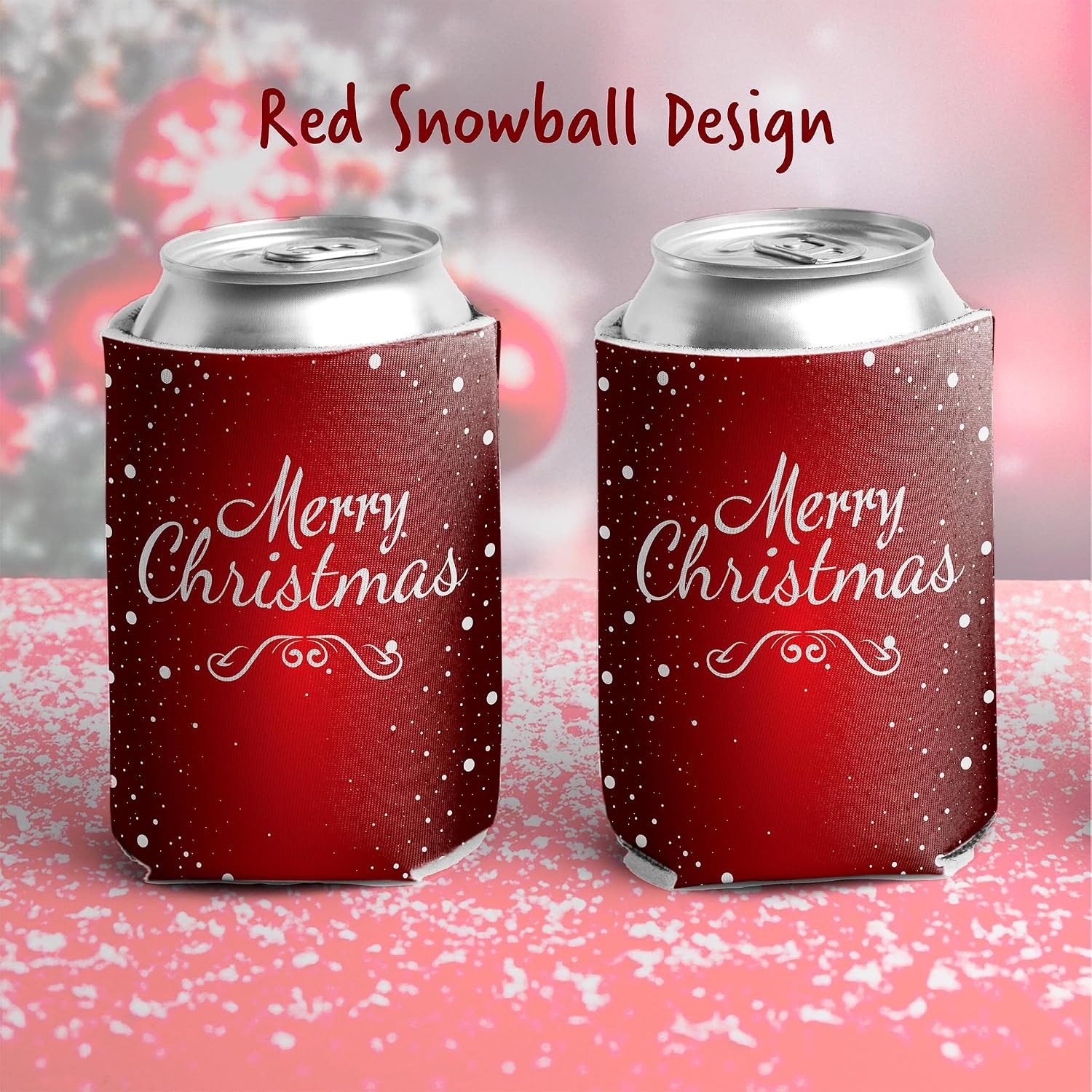 VictoryStore Christmas Can Coolers Set of 6 – Merry Christmas Red Snowfall Holiday Drink Sleeves – Fits 12–16 oz Cans & Bottles – Reusable Holiday Party Favors