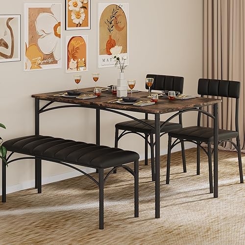 4 EVER WINNER Dining Table Set for 4, 4-Piece Kitchen Table with Upholstered Bench and 2 Chairs for Small Spaces, Apartment, Rustic Brown