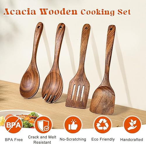 Miniatura 2 de 4 cucharas de madera para cocinar, juego de utensilios de cocina de madera de acacia para sartenes antiadherentes, utensilios de cocina de acabado