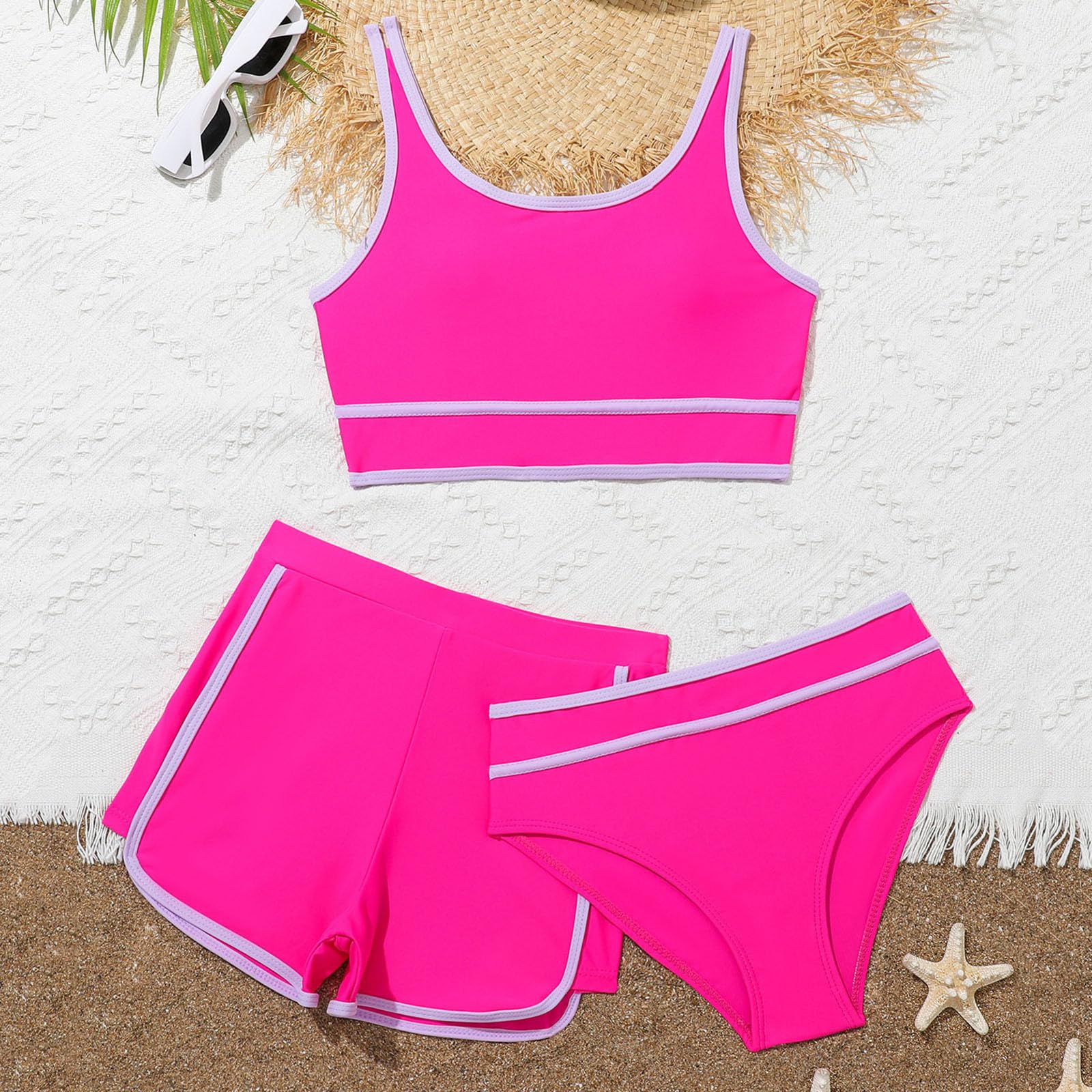 Costume da bagno per ragazze, 3 pezzi, con cinghie, a blocchi di colore, modesto, costume da bagno per ragazze curvy, moderno, atletico, per bambine, spiaggia, carino e comodo, per bambini, morbido