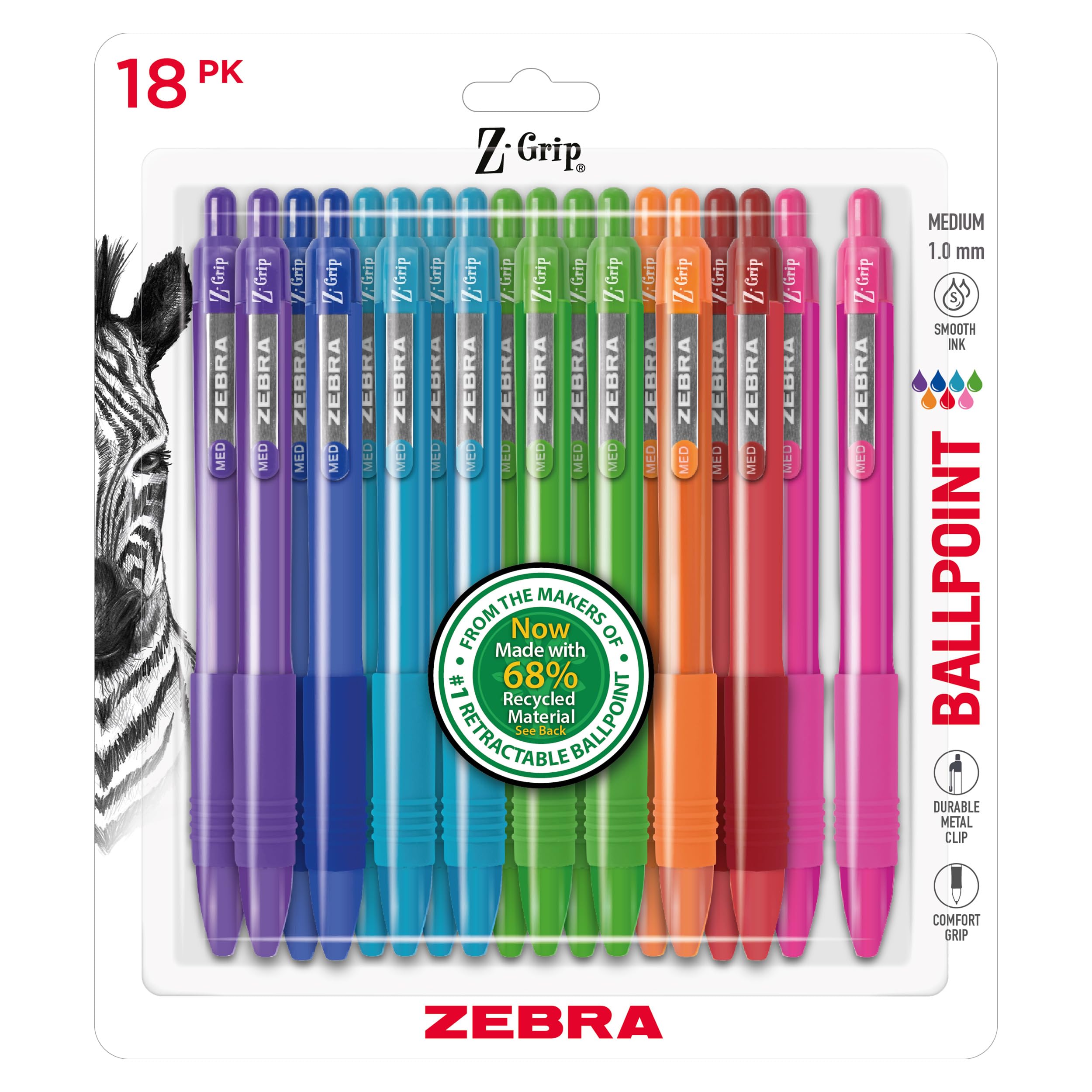 Zebra Pen Z-Grip Recycled Retractable Ballpoint Pens, 1.0mm Medium Point, Assorted Bright Ink, Metal Clip, 18-Pack | GRS Certified Recycled Content - main product image