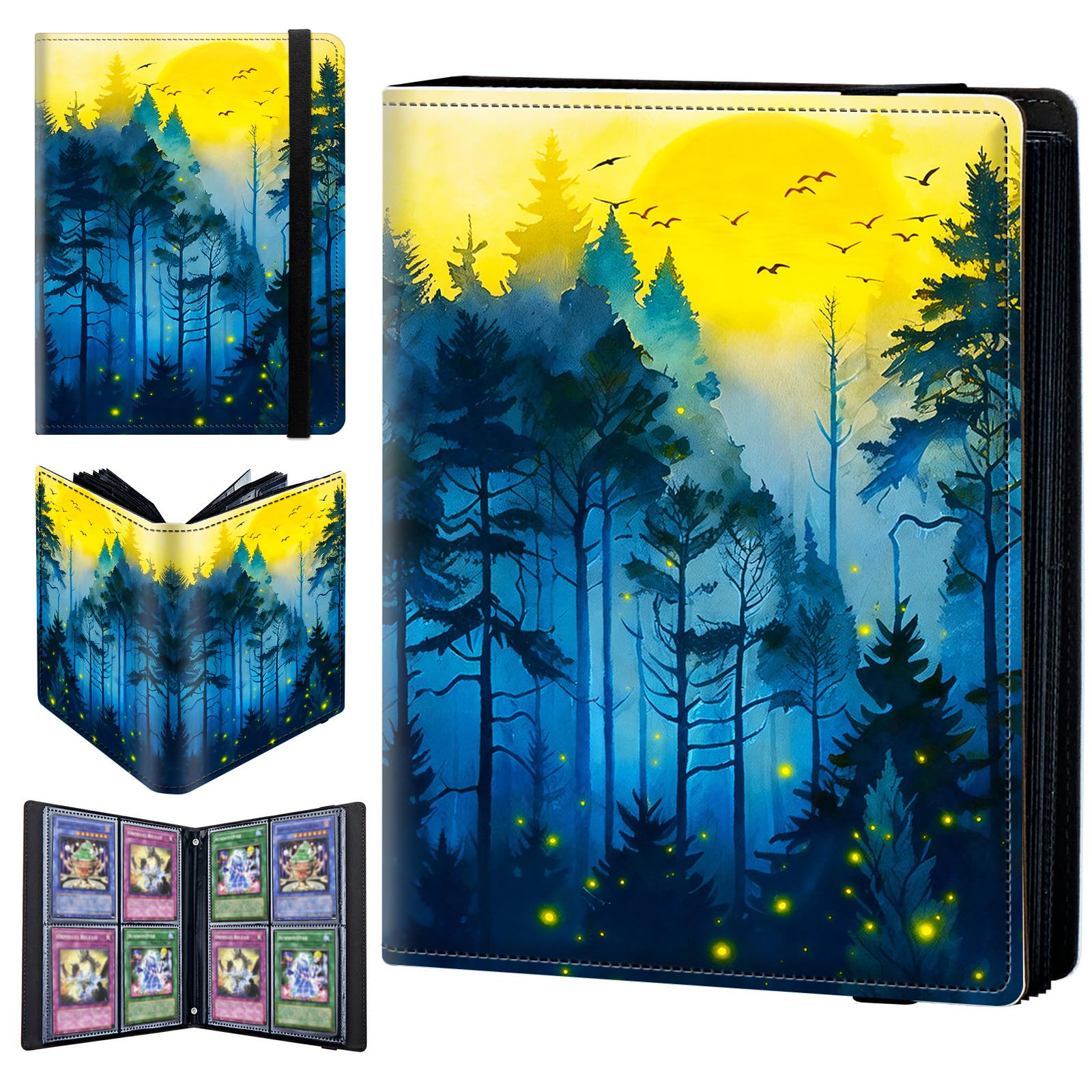4 Pocket Trading Card Binder 320 Side Loading Pocket Album with Blue Watercolor Forest Pattern Design Card Binder for Sports Cards & Game Cards