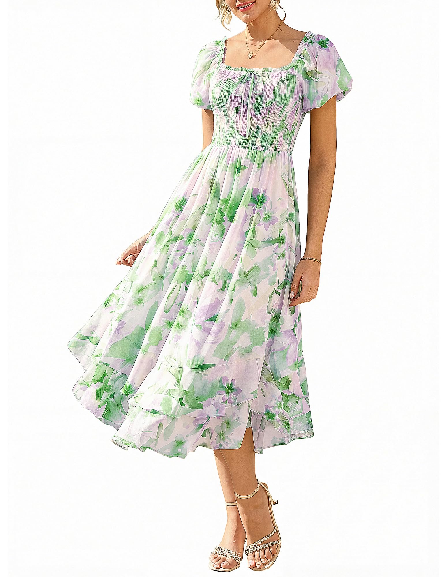 GRACE KARIN Damen Sommerkleid Puffärmel A-Linie Maxi Blumenkleid mit Taschen für Hochzeitsgäste Strand