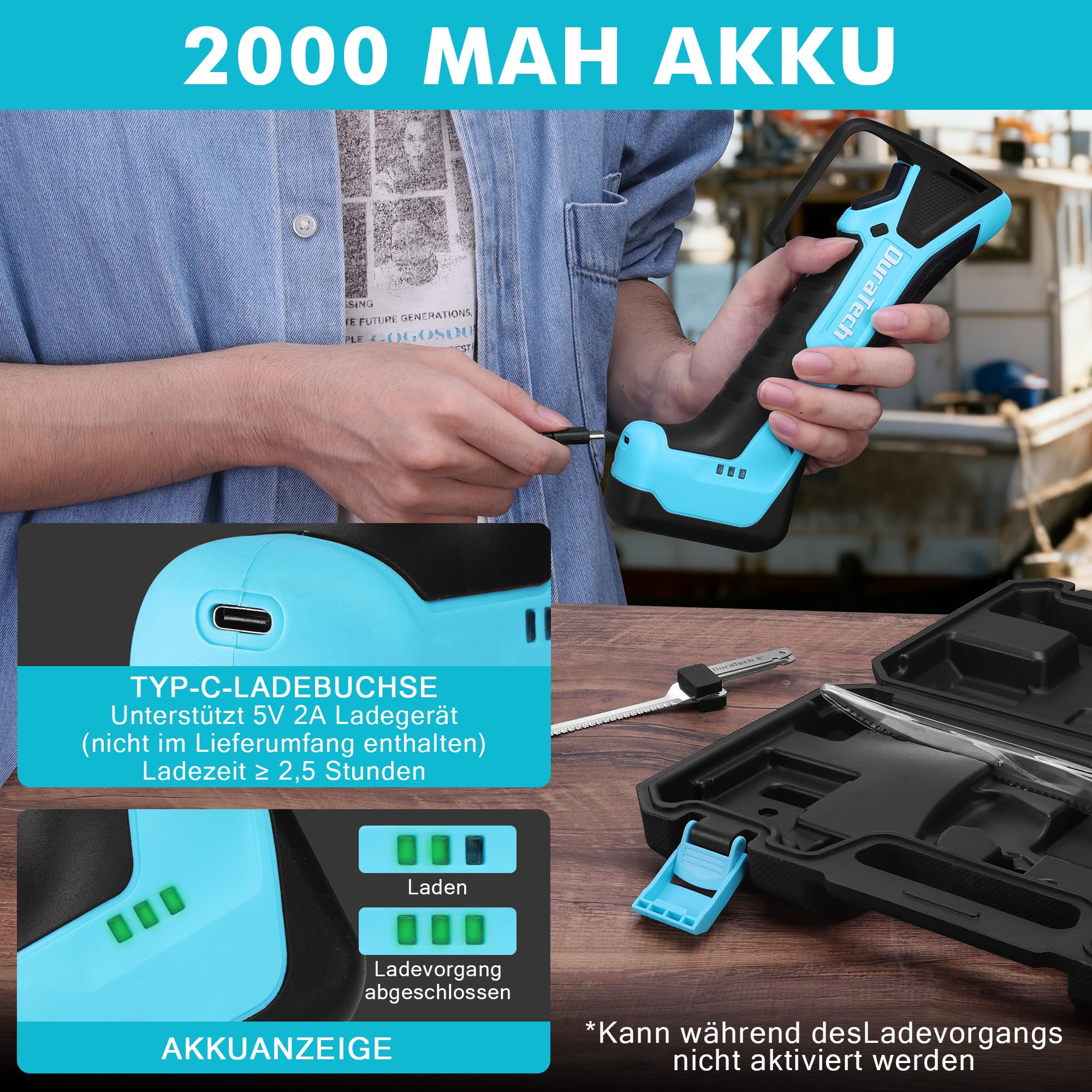 DURATECH Elektromesser Akku Filetiermesser, Kabelloses Fischmesser, 12V Elektrisches Messer Fischfiletiermesser mit 2 Edelstahlklingen, Rutschfestem Griff und Aufbewahrungsbox zum Filetieren von Fisch