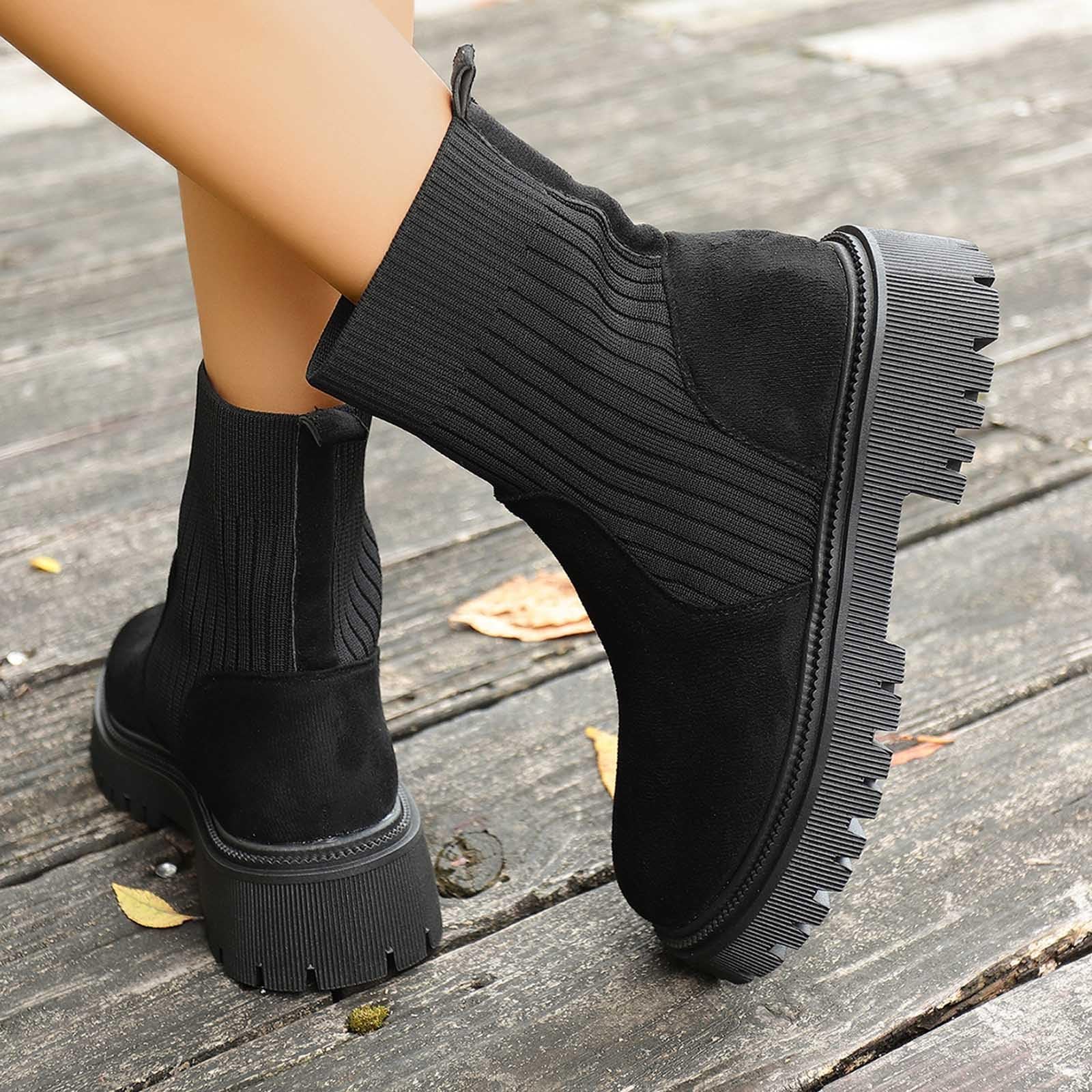 Bottines tendance pour femme - En daim - Couleur unie - Légèrement doublées avec talon bloc - Tige courte - En tricot