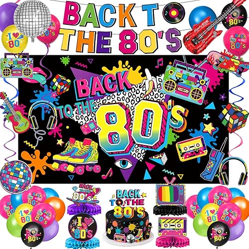 Las decoraciones de fiesta de los años 80 incluyen telón de fondo, pancarta, espirales colgantes, globos de aluminio y látex, adornos para pasteles