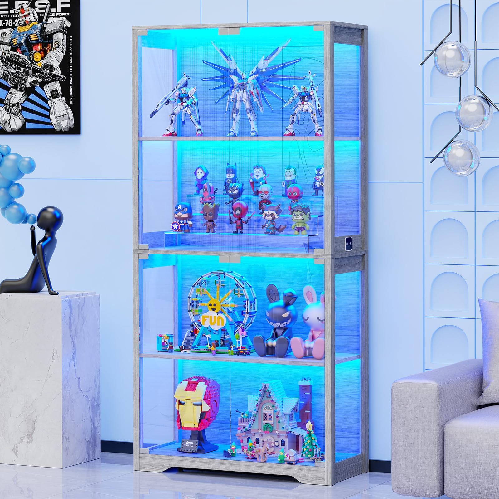 BROTTAR ディスプレイキャビネット ガラスドア付き 4段キュリオキャビネット&本棚 3色ライト付き 収集品 おもちゃ 本 ガラス収納キャビネット グレー