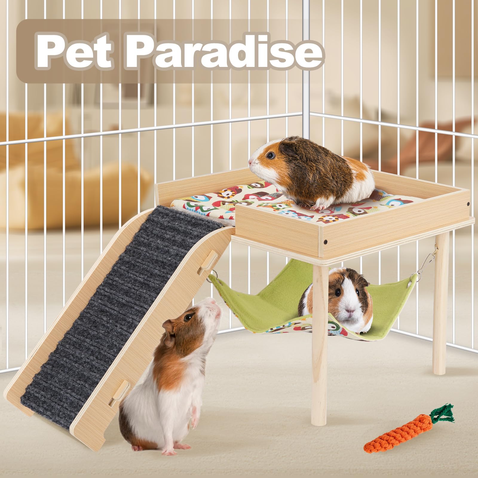 Meerschweinchen-Hängematte mit Rampe, Holz Meerschweinchen Versteck Spielzeug mit Plattform, Meerschweinchen Zubehör Schloss mit weicher Matte & Treppe für Käfig Kleintiere Hamster Chinchilla Igel