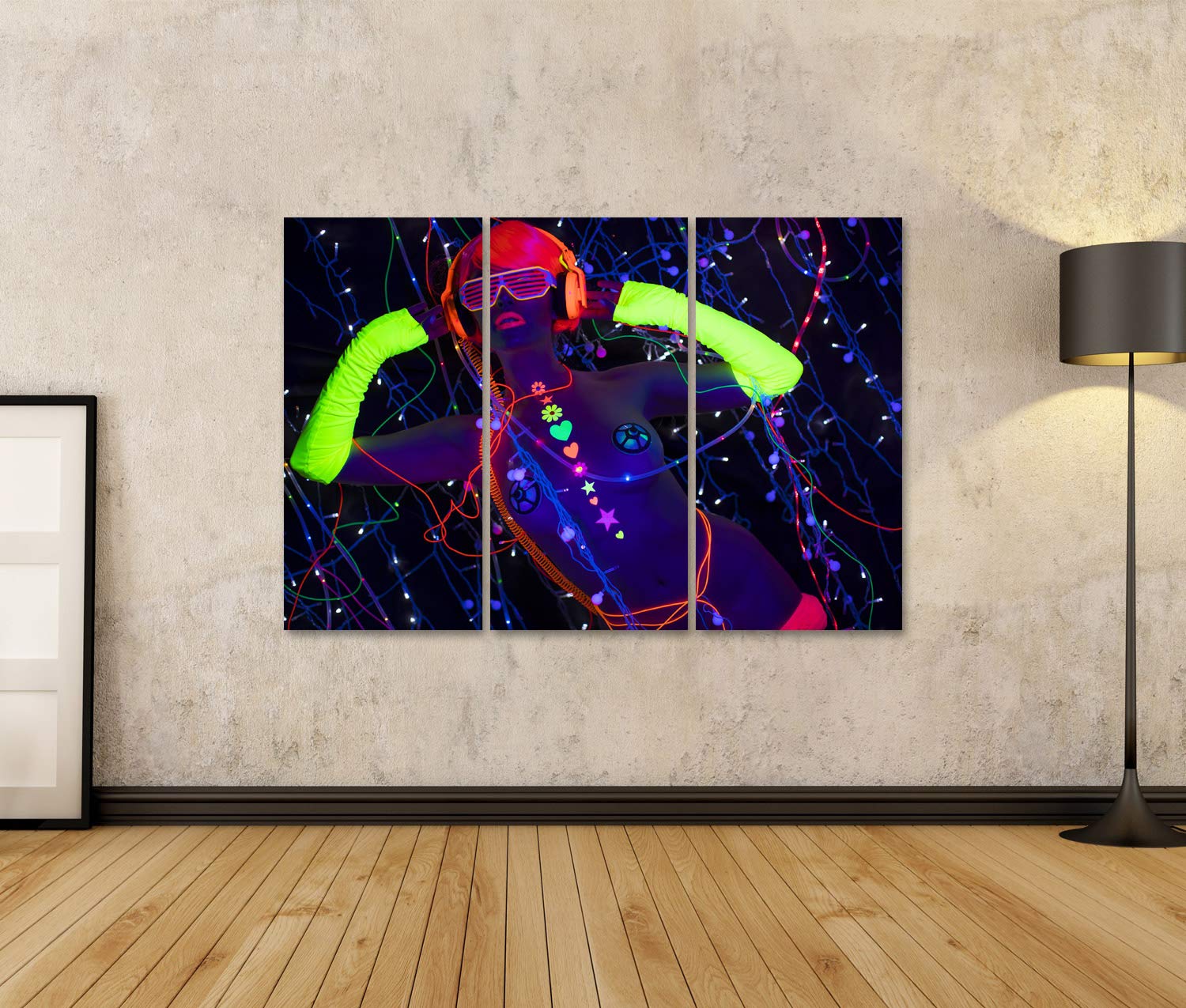 islandburner Quadro su Tela Donna Sexy Cyber Raver in Abbigliamento Fluorescente Filmata sotto Luce Nera UV Cornice Poster Poster Da Parete Quadri